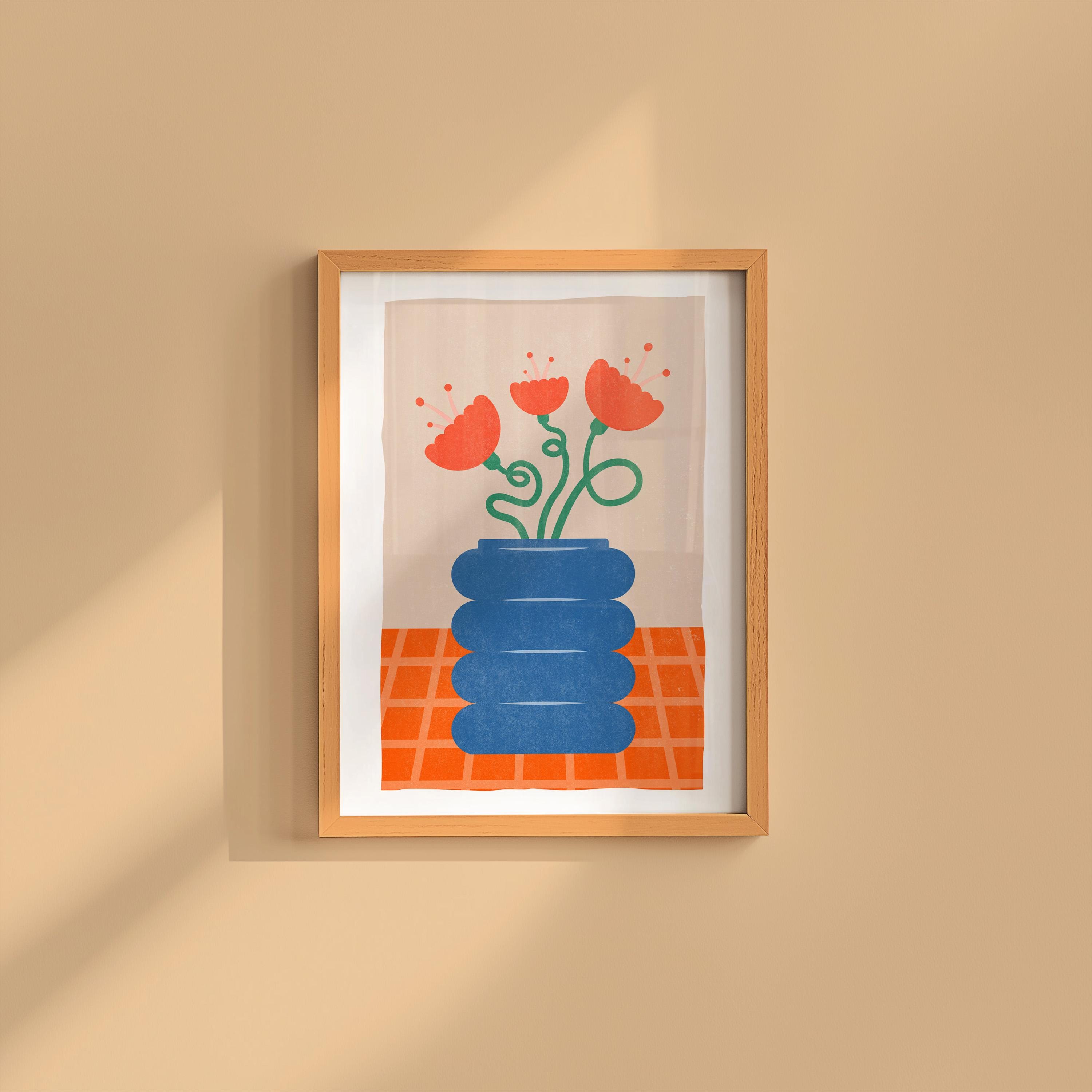 Floral Art, Oversized Art, Floral Art Print, Cute Wall Art, Girly Wall Art, Coquette Wall Art, Red Wall Print, Blue Poster, Blue Flower Art