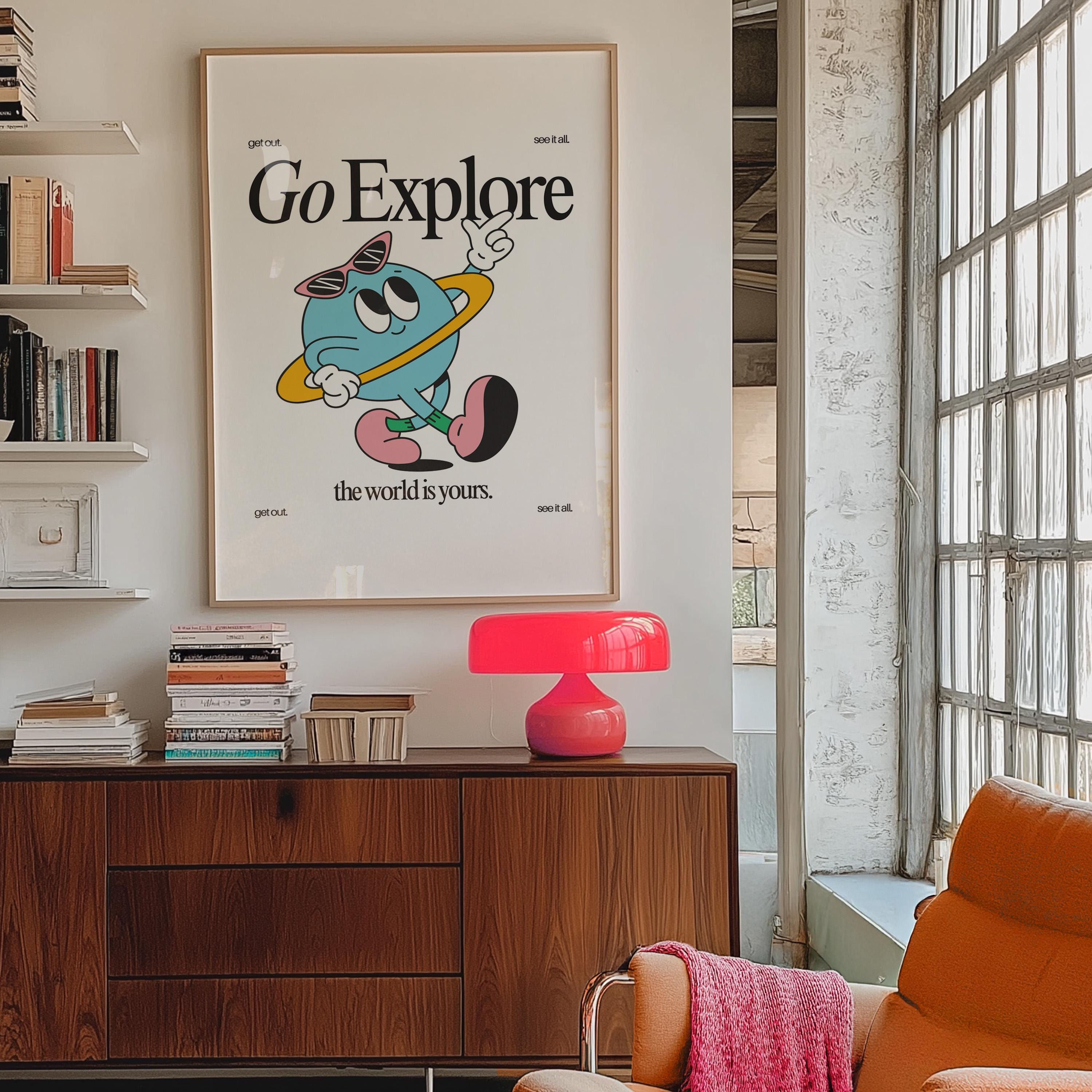 Go Explore Art, Classroom Art, Cute Retro Print, Planet Cartoon, Retro Mascot Print, Funky Groovy Minimal Retro Poster