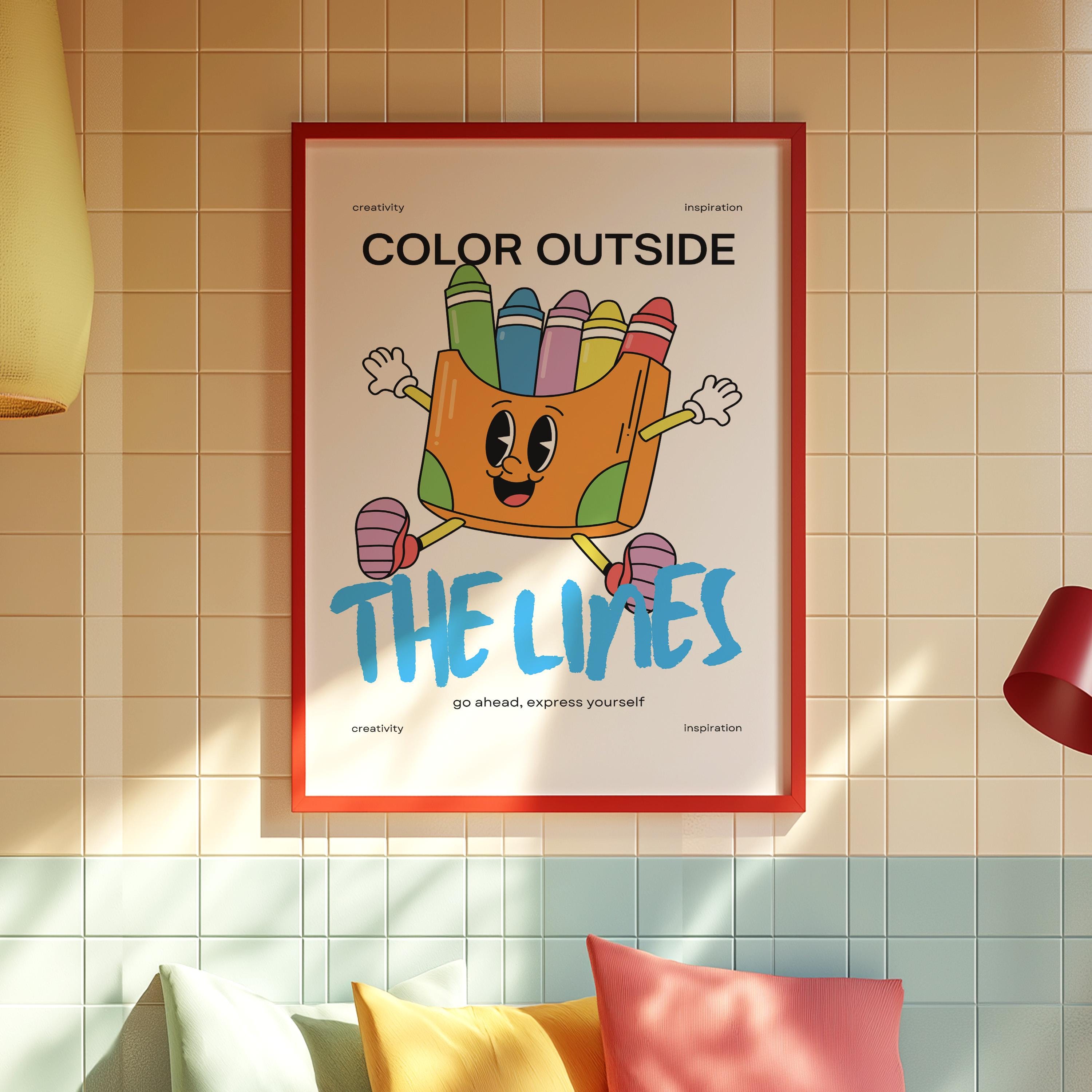 Cute Retro Print Classroom Art - Funky Groovy Crayon Cartoon Poster for Kids - Fun Minimal Retro Decor for Playroom & Classroom