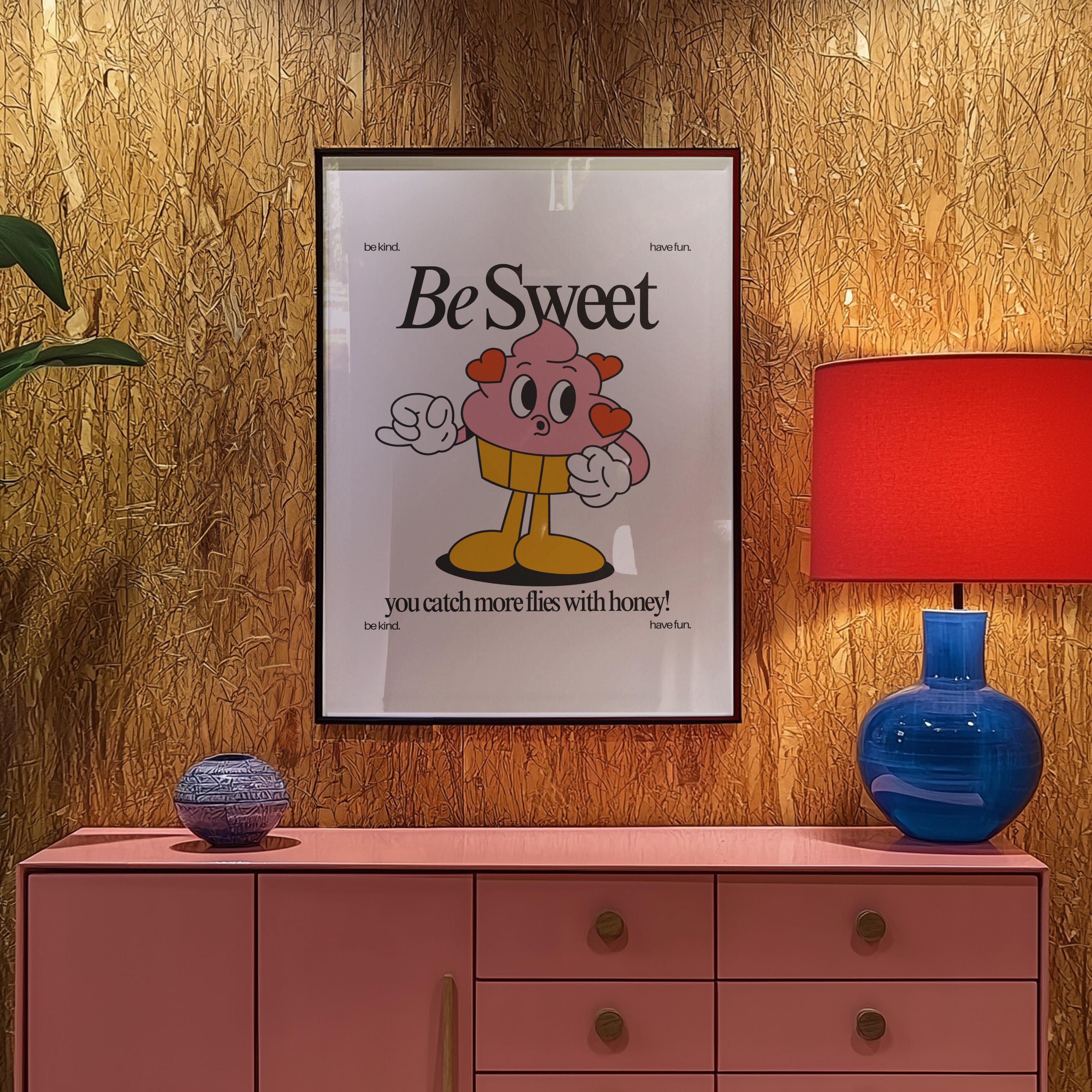 Be Sweet Art, Cupcake Cartoon, Classroom Art, Cute Retro Print, Retro Mascot Print, Groovy Minimal Retro Poster, Be Kind Art, Kindness print