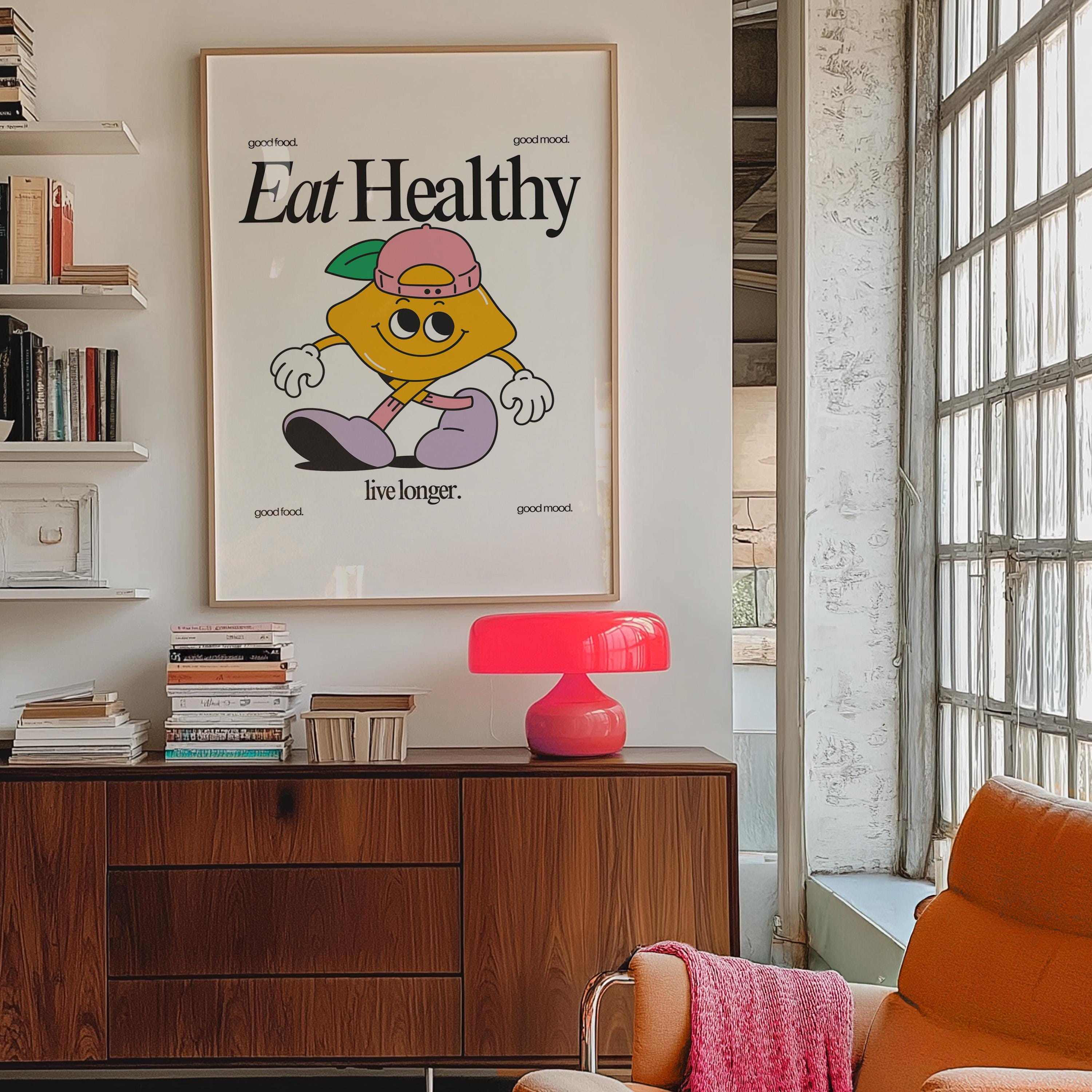 Cute Retro Print Classroom Art - Funky Groovy Crayon Cartoon Poster for Kids - Fun Minimal Retro Decor for Playroom & Classroom, Eat Healthy