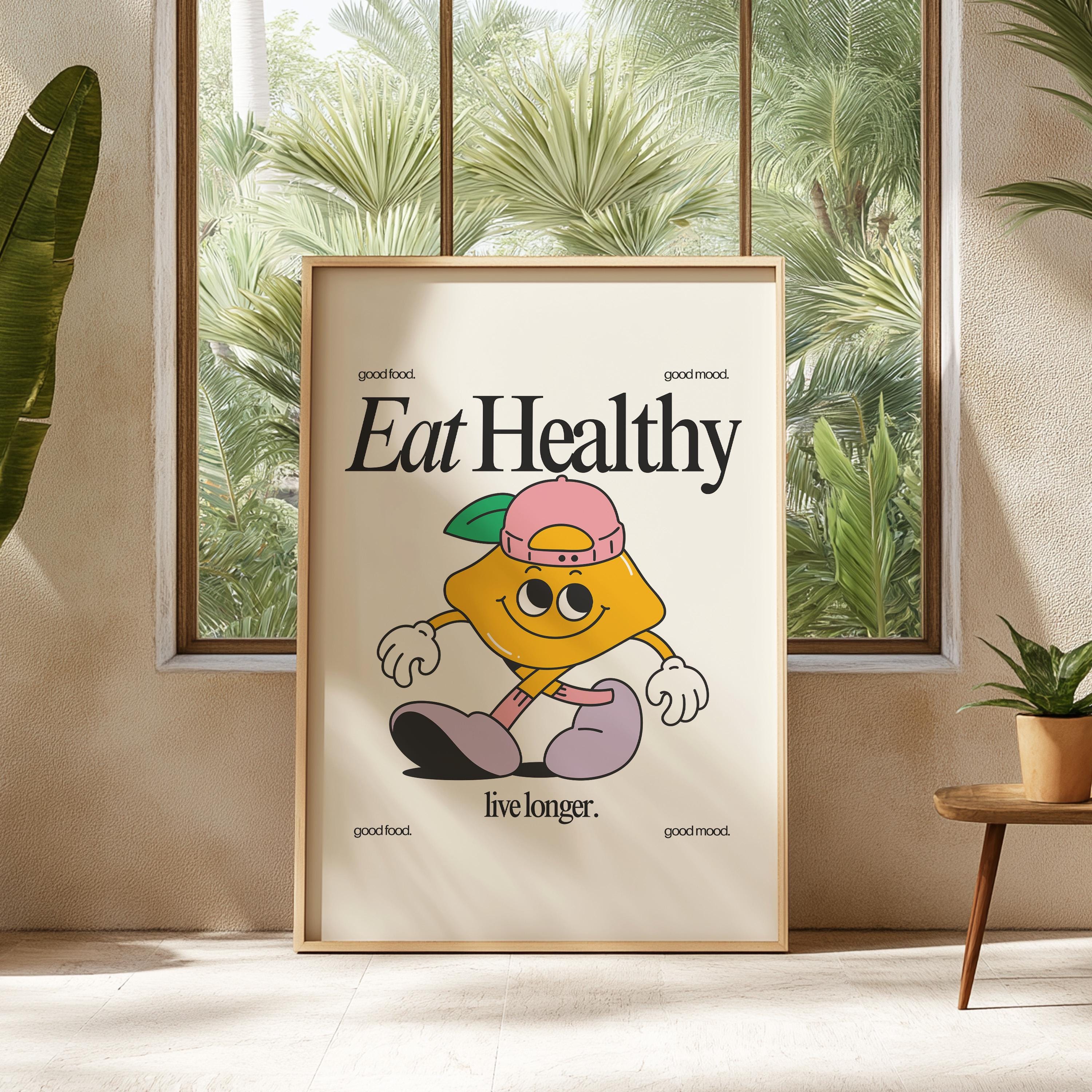 Cute Retro Print Classroom Art - Funky Groovy Crayon Cartoon Poster for Kids - Fun Minimal Retro Decor for Playroom & Classroom, Eat Healthy