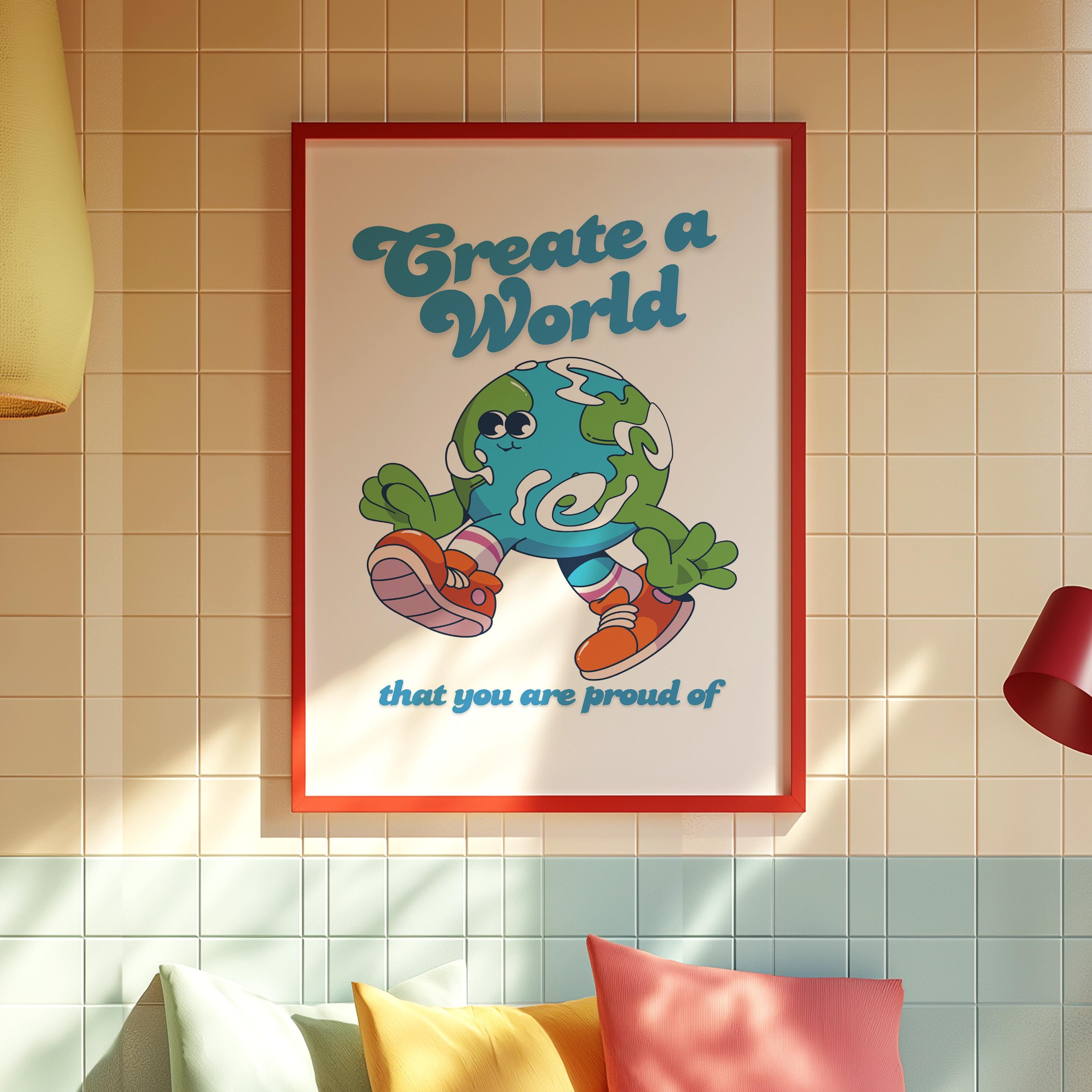 Classroom Art Print, Kids Room Cartoon Artwork, Downloadable Earth Mascot Poster, Trendy Vintage & Positive Wall Decor