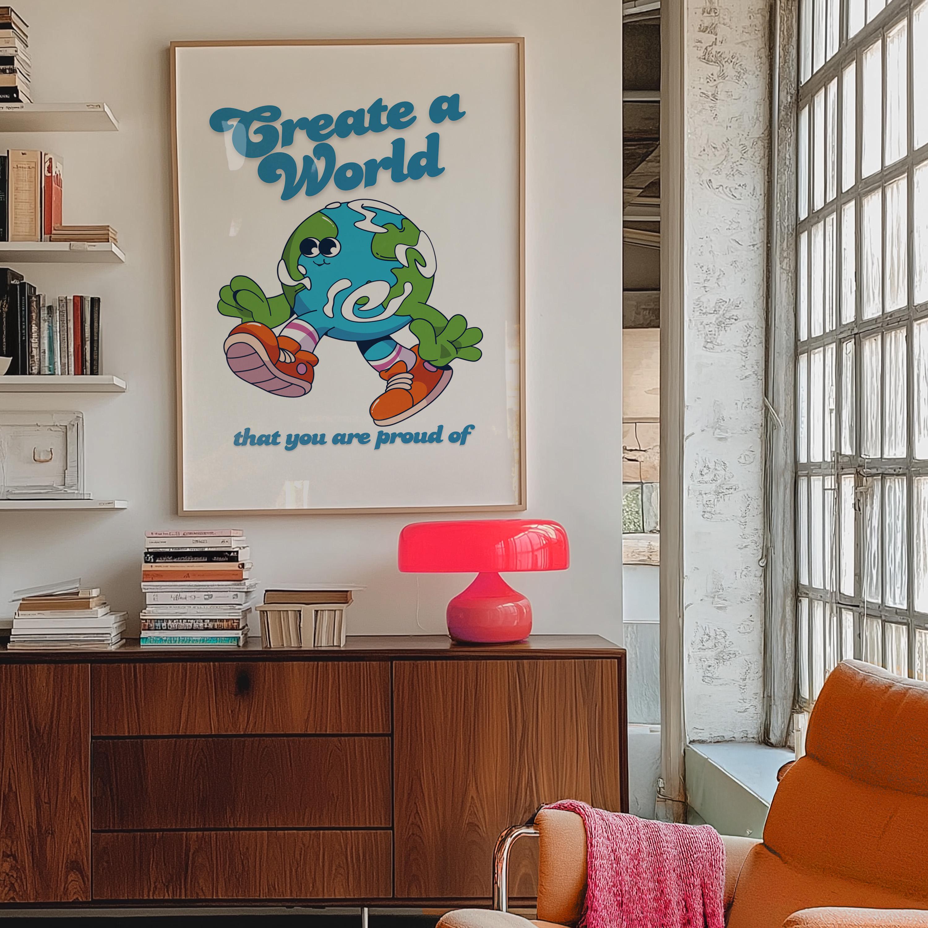 Classroom Art Print, Kids Room Cartoon Artwork, Downloadable Earth Mascot Poster, Trendy Vintage & Positive Wall Decor