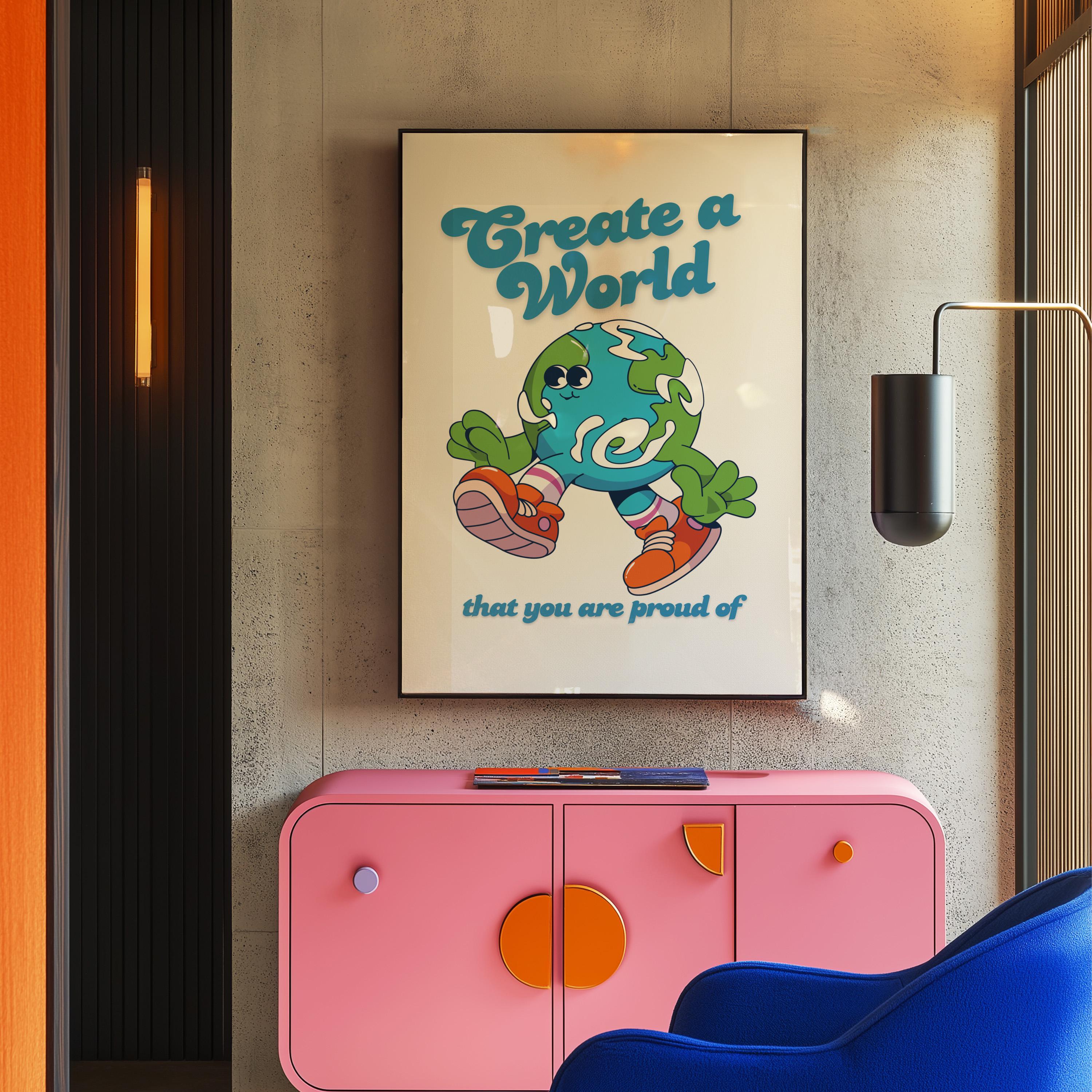Classroom Art Print, Kids Room Cartoon Artwork, Downloadable Earth Mascot Poster, Trendy Vintage & Positive Wall Decor