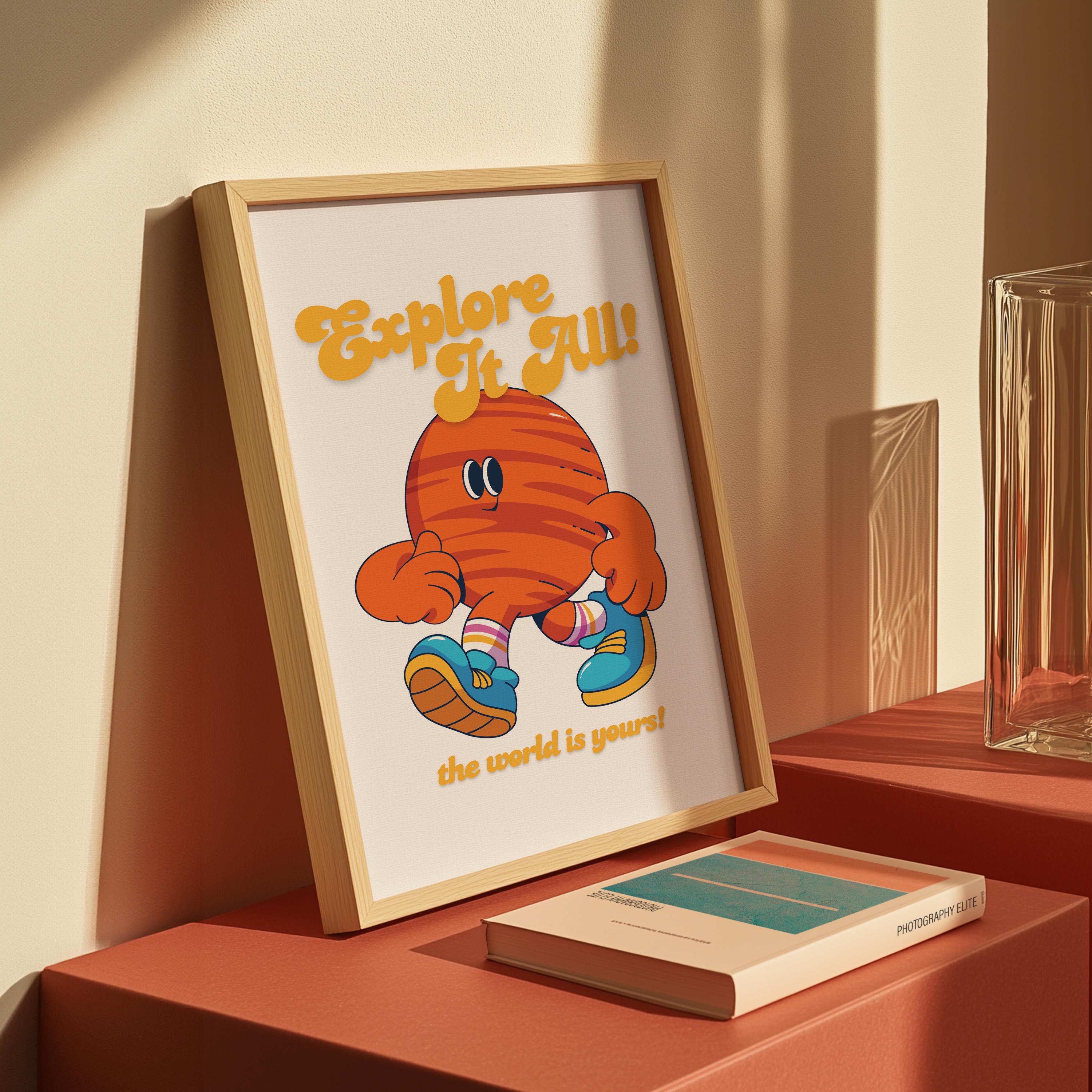 Go Explore Art, Classroom Art, Cute Retro Print, Planet Cartoon, Retro Mascot Print, Funky Groovy Minimal Retro Poster