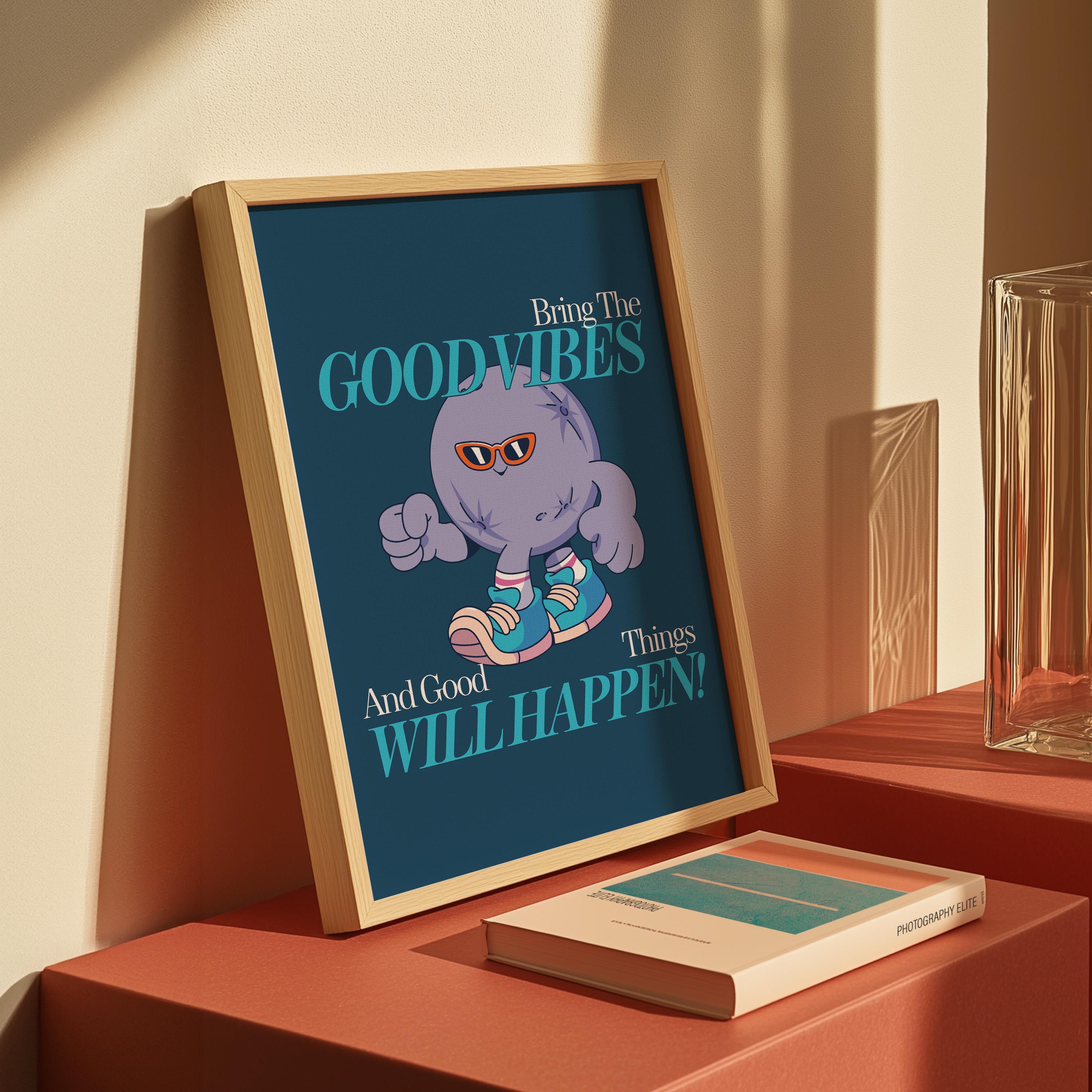 Good Vibes, Retro Cartoon Planet Art Print | Vintage Classroom Decor | Cute Kids Mascot Poster | Groovy Funky Minimalist Wall Art