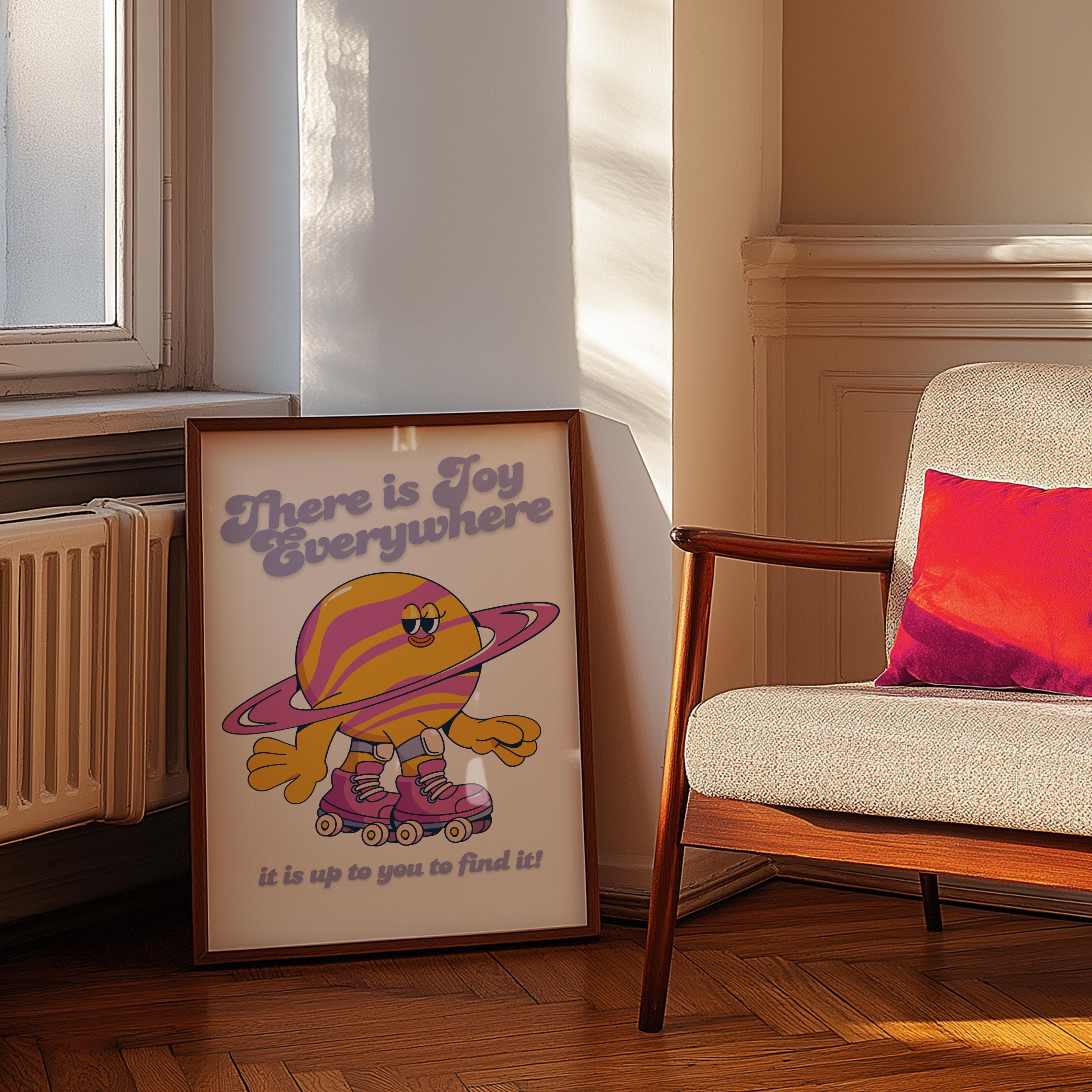 There is Joy Everywhere Kids Room Art, Downloadable Cartoon Print, Trendy Vintage Mascot & Planets Poster, Outer Space Art Print