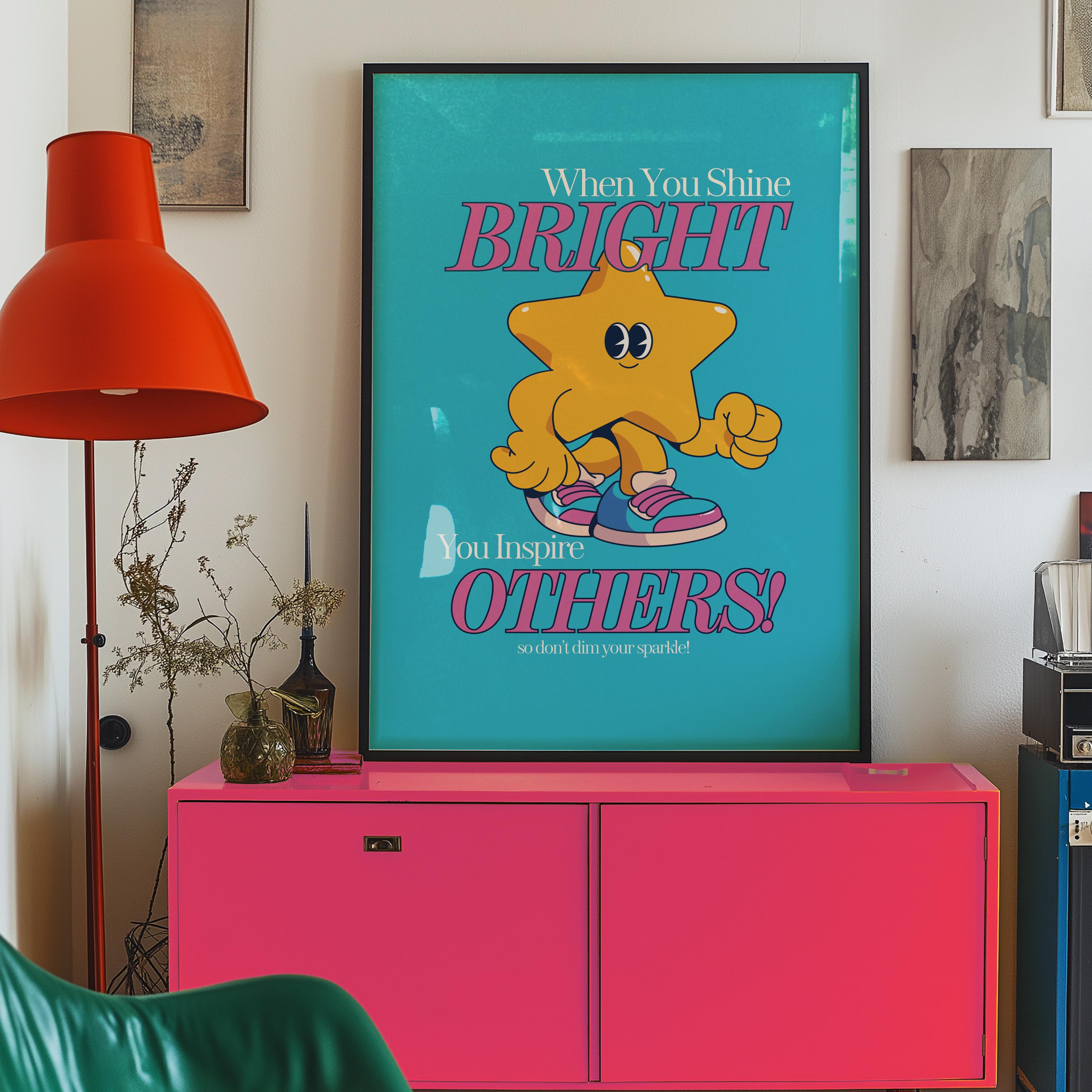 shine Bright Art print, Classroom Art, Cute Vintage Art, Star Cartoon, Kids Mascot Print, Funky Groovy Minimal Retro Poster, Vintage Cartoon