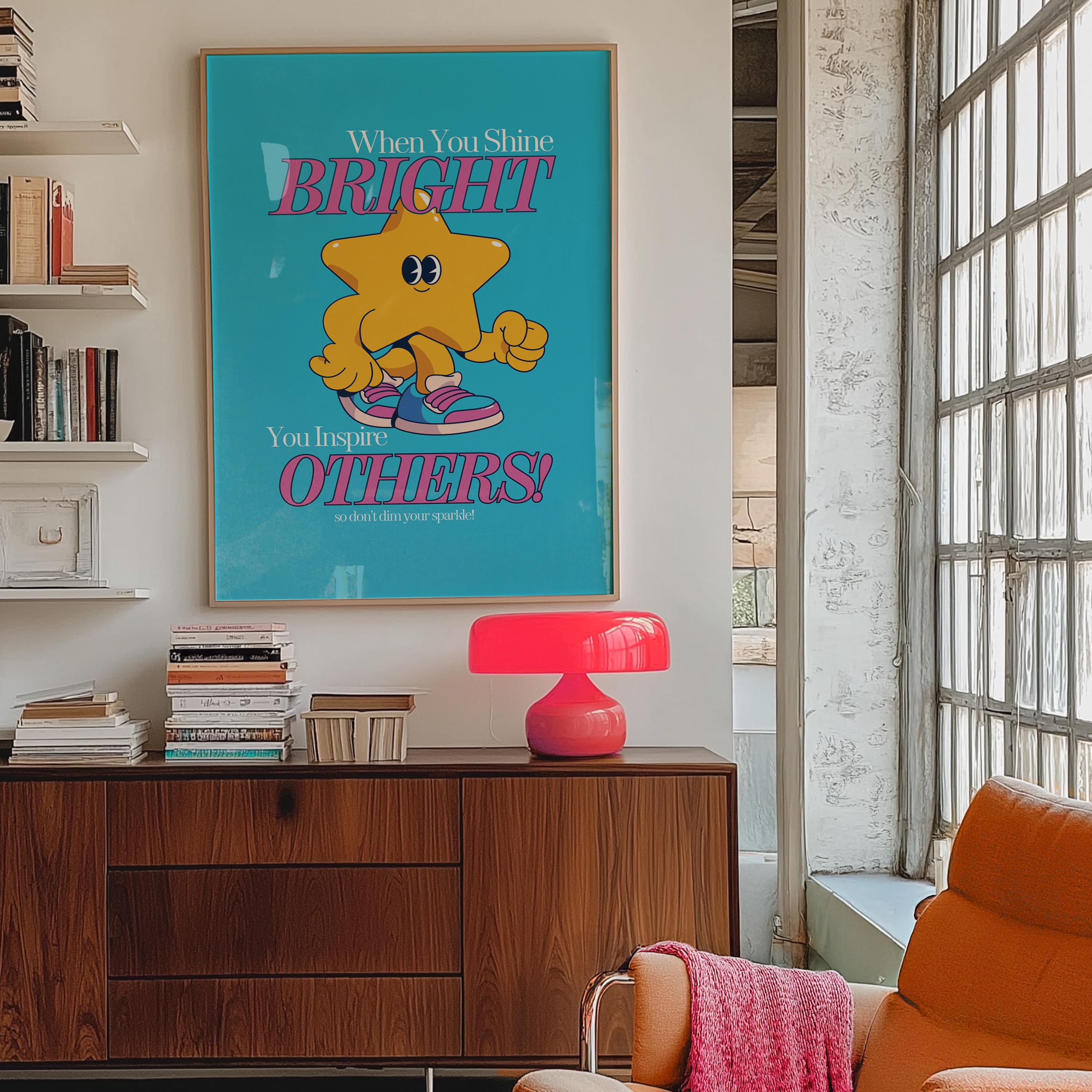 shine Bright Art print, Classroom Art, Cute Vintage Art, Star Cartoon, Kids Mascot Print, Funky Groovy Minimal Retro Poster, Vintage Cartoon
