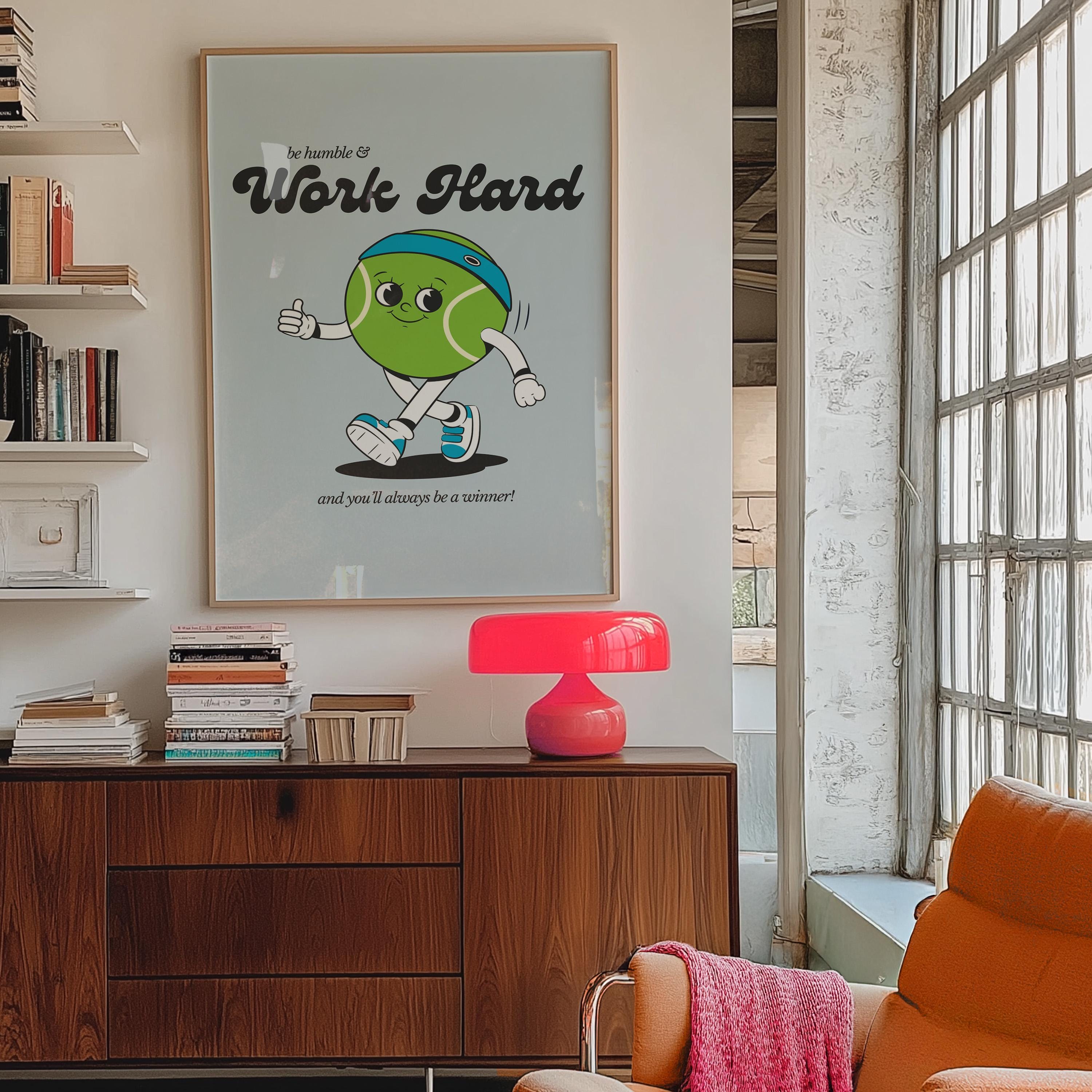 Work Hard Print, Retro Tennis Print, Blue Wall Print, Cute Kids Wall Art, Retro Cartoon Poster, Retro Quote Print, Cartoon Prints, Kid Art