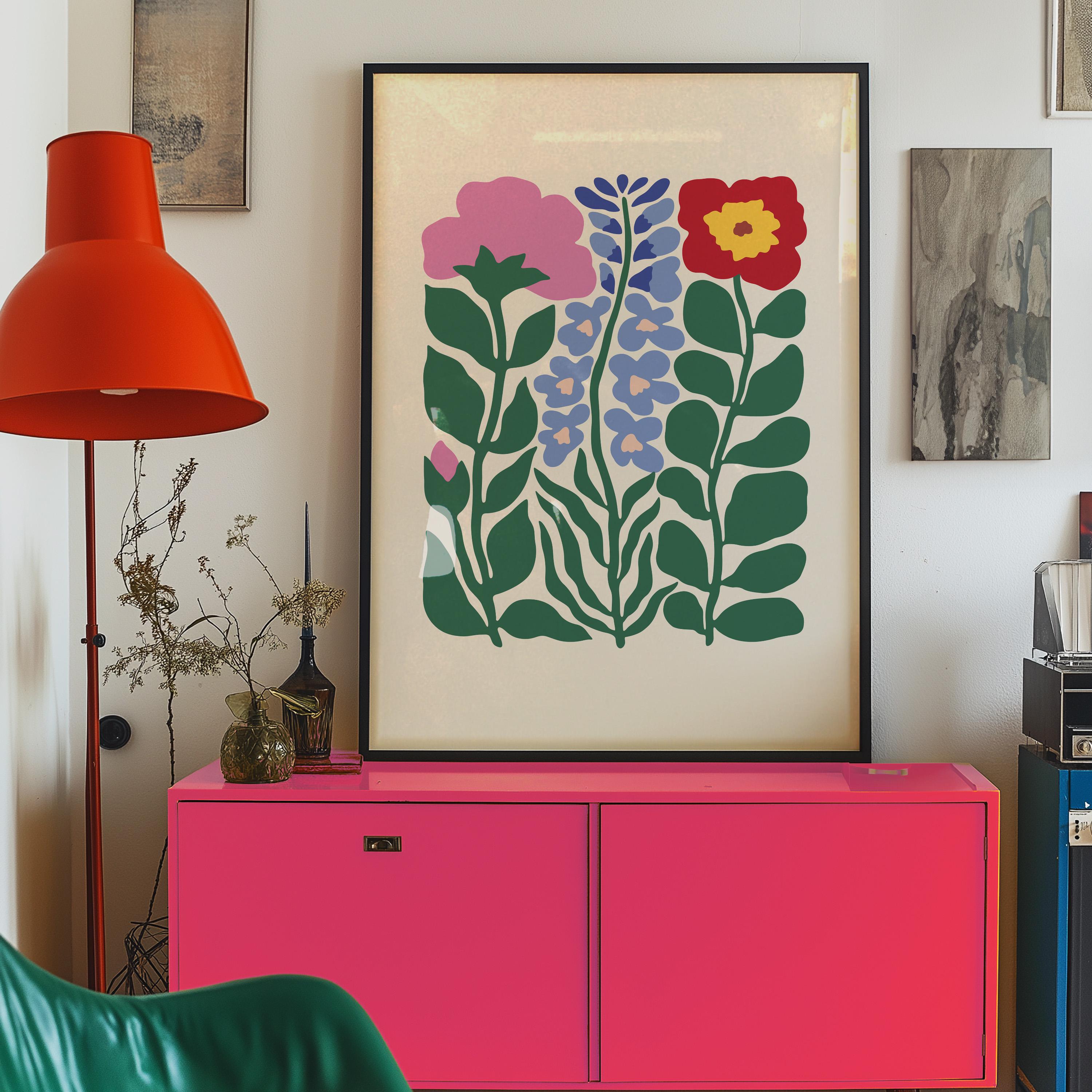 Abstract Flower Poster, Retro Flowers Print, Colourful Abstract Wall Art, Matisse Green & Pink Flower Print, Boho Flowers Art Print
