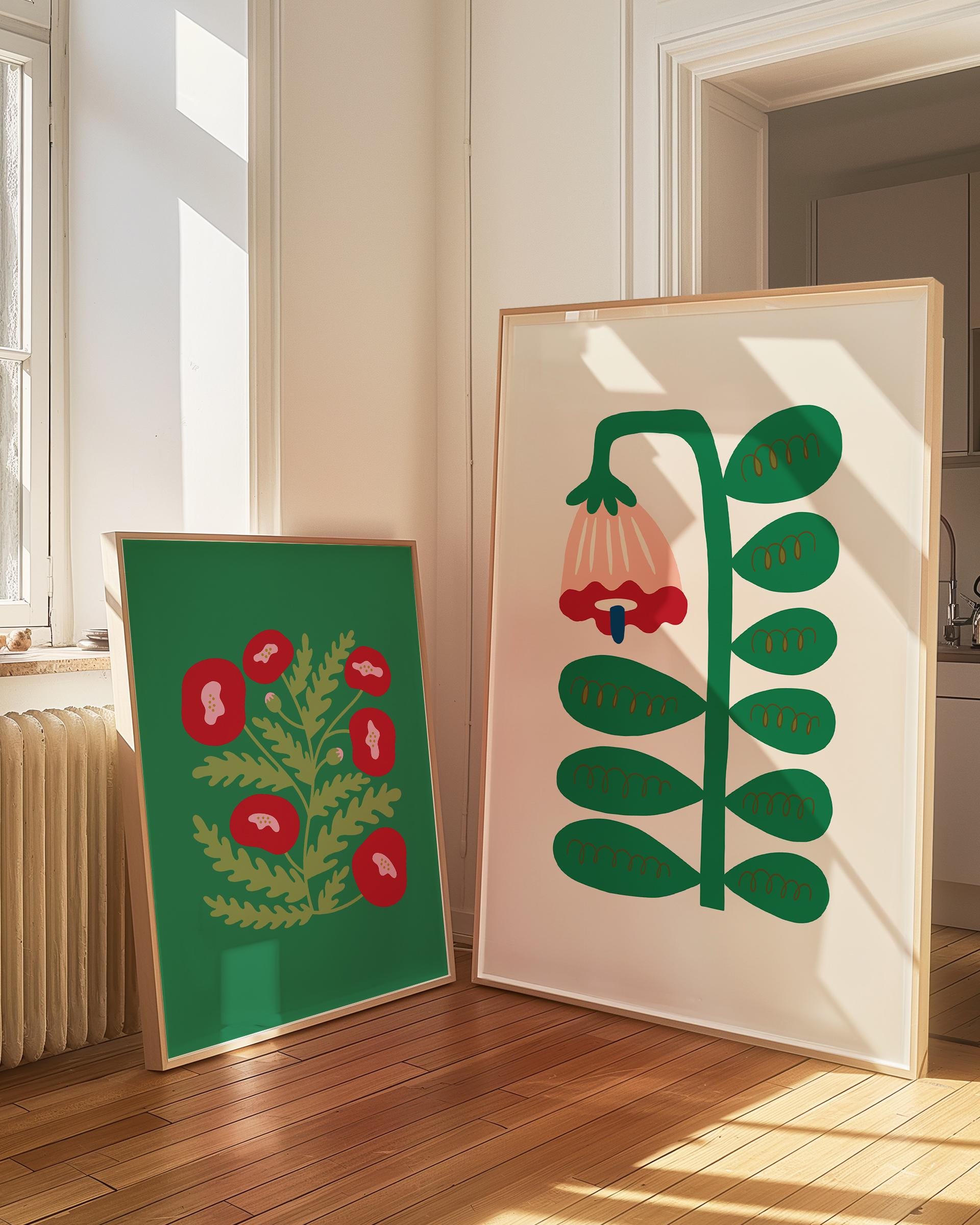 Floral Wall Art, Gallery Wall Set of 2, Flower Art Prints, kids room Decor, bold flower Poster, Digital Art Print Set, abstract floral Print