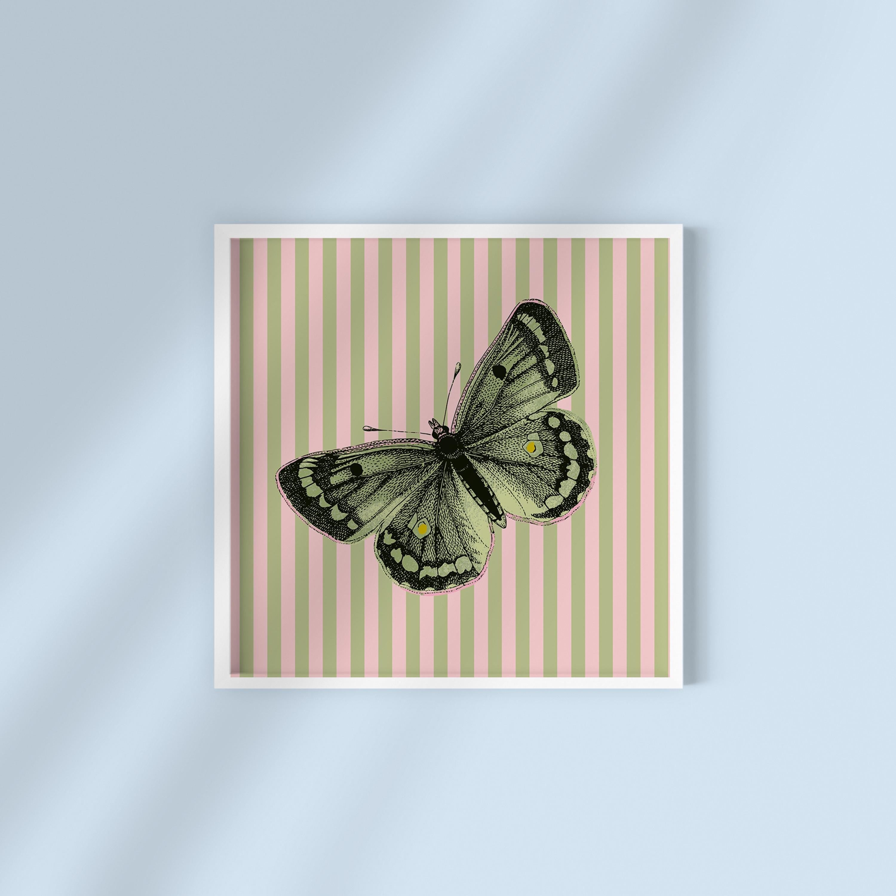 Green Stripe Butterfly Square Digital Art Print