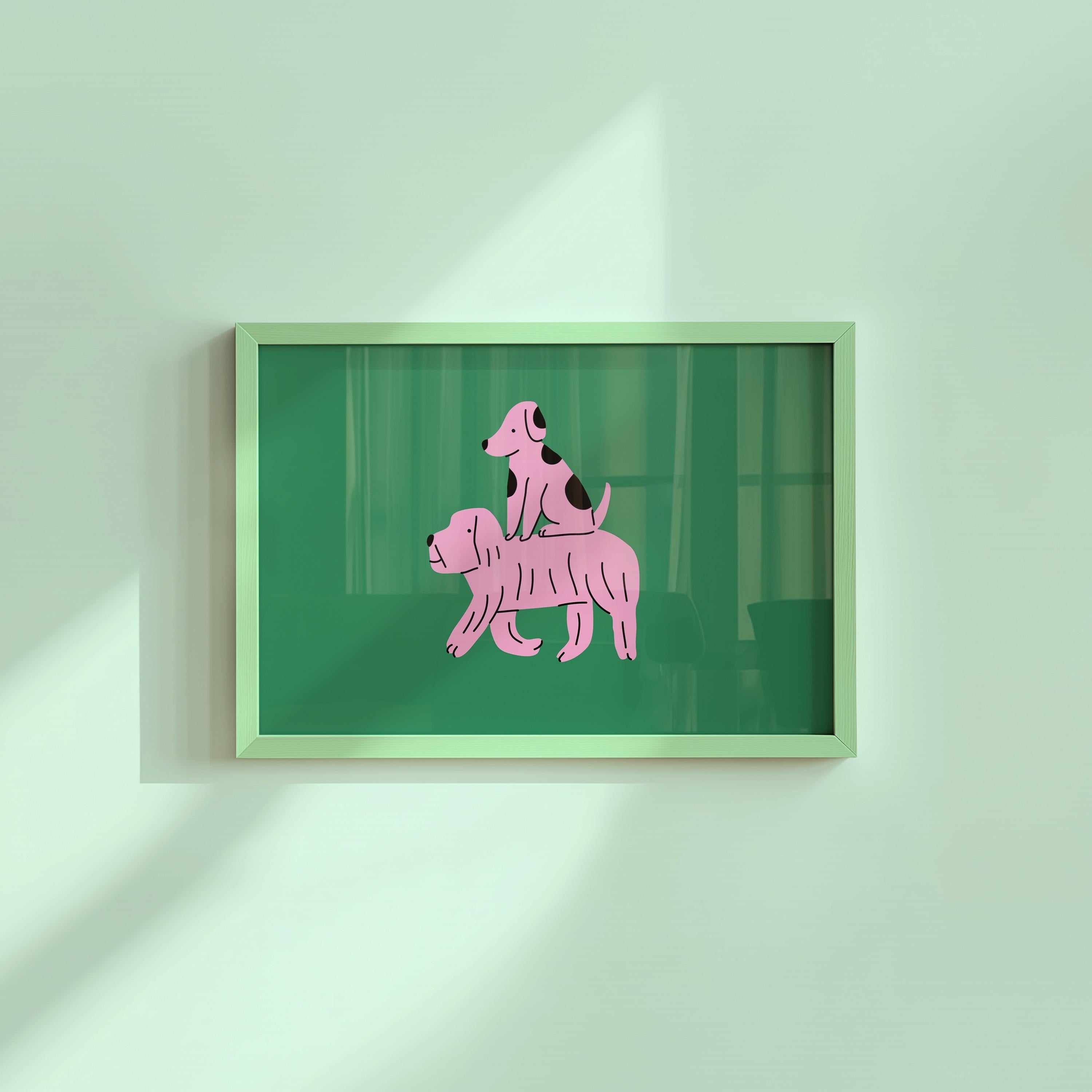 Green and Pink Dog Illustration Digital Art Print