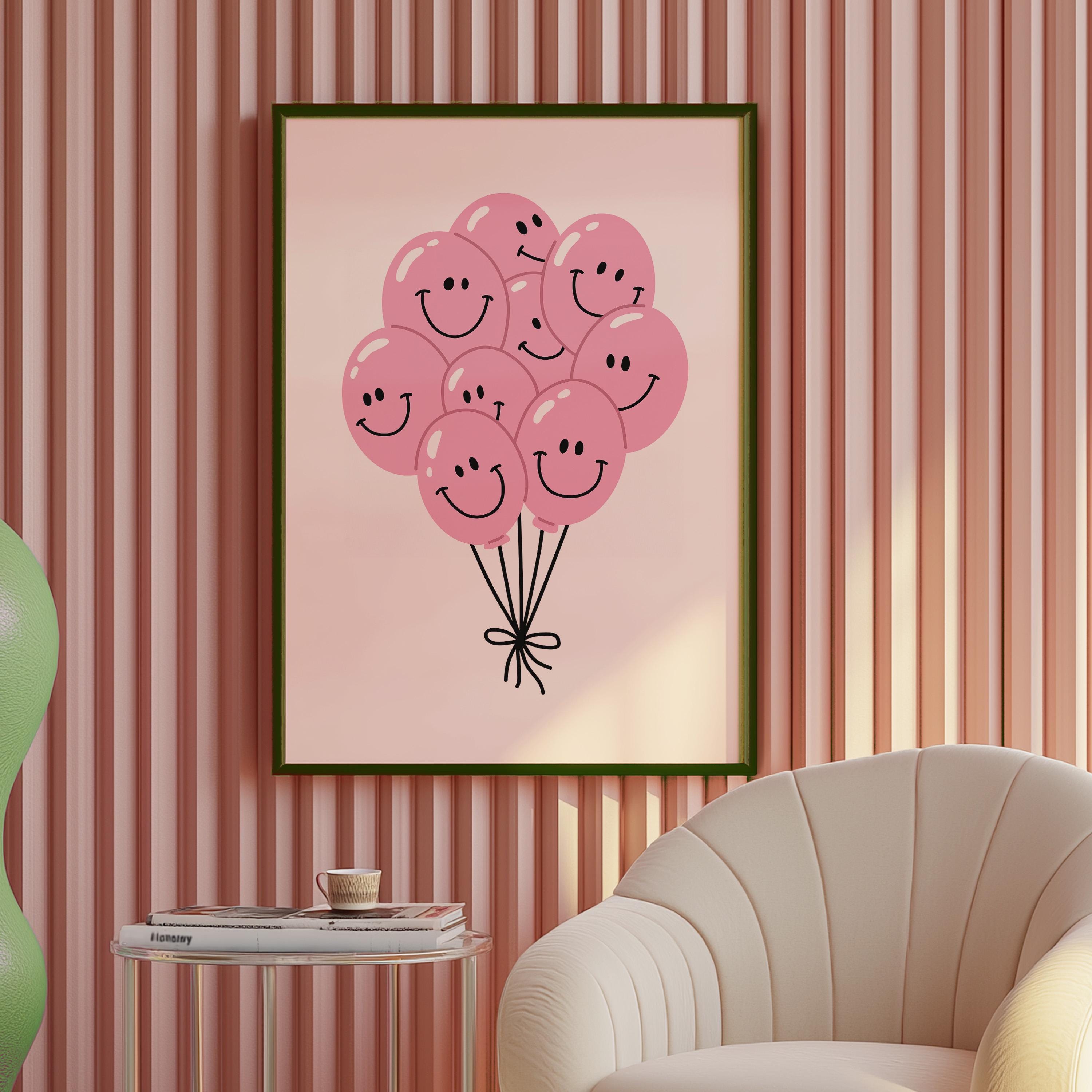 Balloon Art Print-Digital Download-Wall Print-Retro Art-Floral Art-Kids Room Decor-70s Flowers-Downloadable Art-Smiley Art Print-Dorm Decor