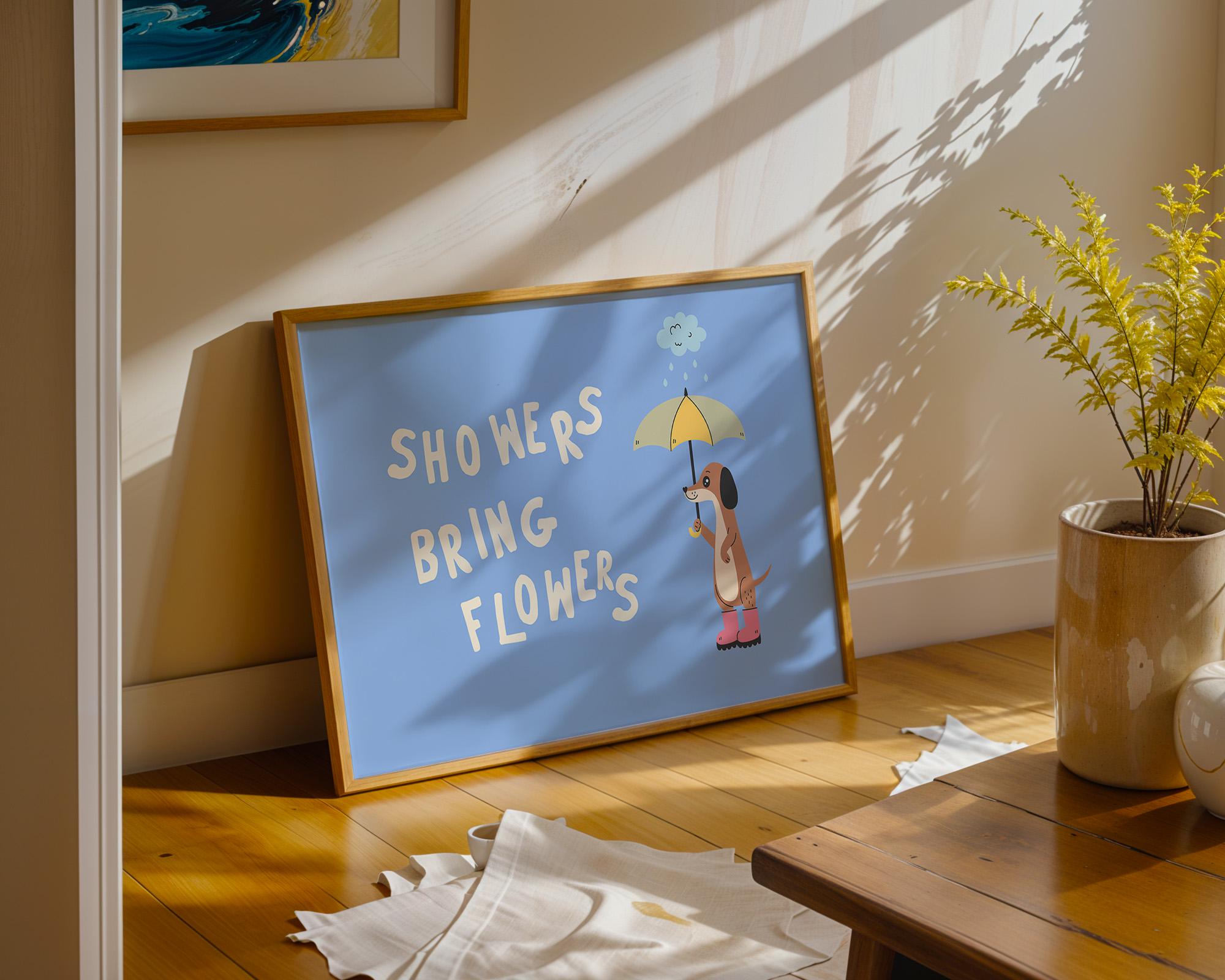 Showers Bring Flowers, Digital Download, Positivity Art Print, Art For Kids Room, Cute Dog Poster, Blue Dog Art Print, Classroom Decor