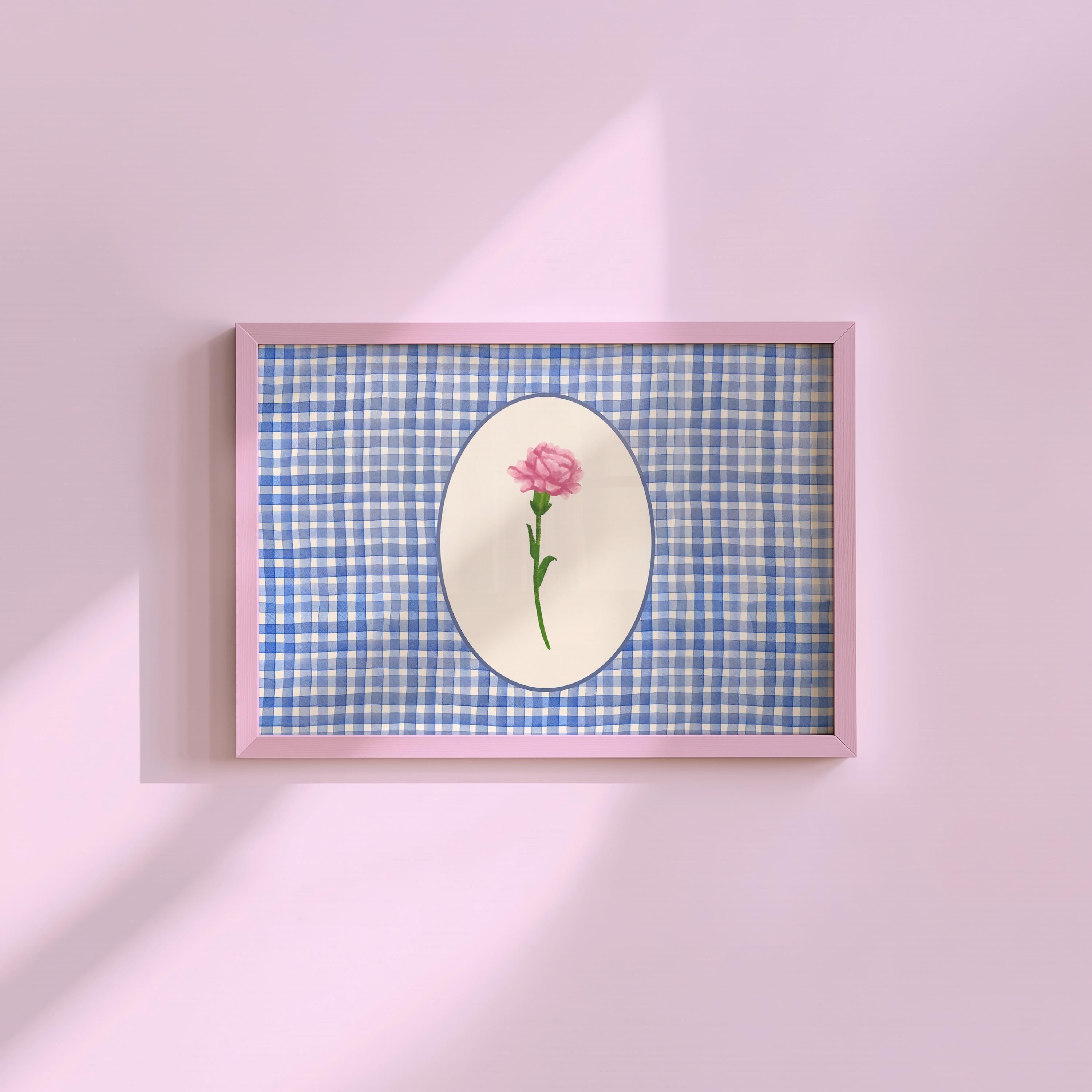 Blue Checker Floral Digital Art Print