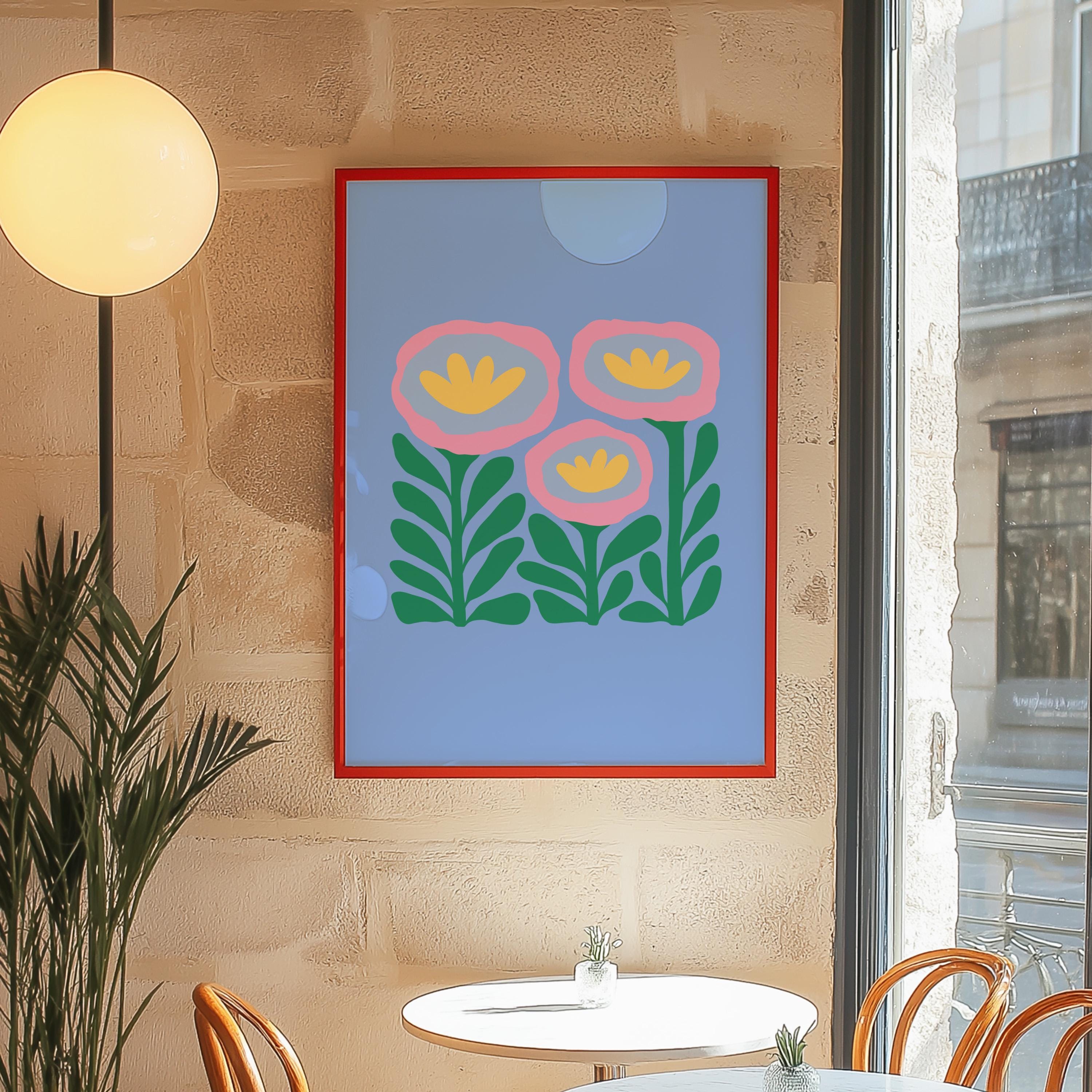 Abstract Flower Poster, Retro Flowers Print, Colourful Abstract Wall Art, Matisse Blue and Pink Flower Print, Boho Flowers Art Print
