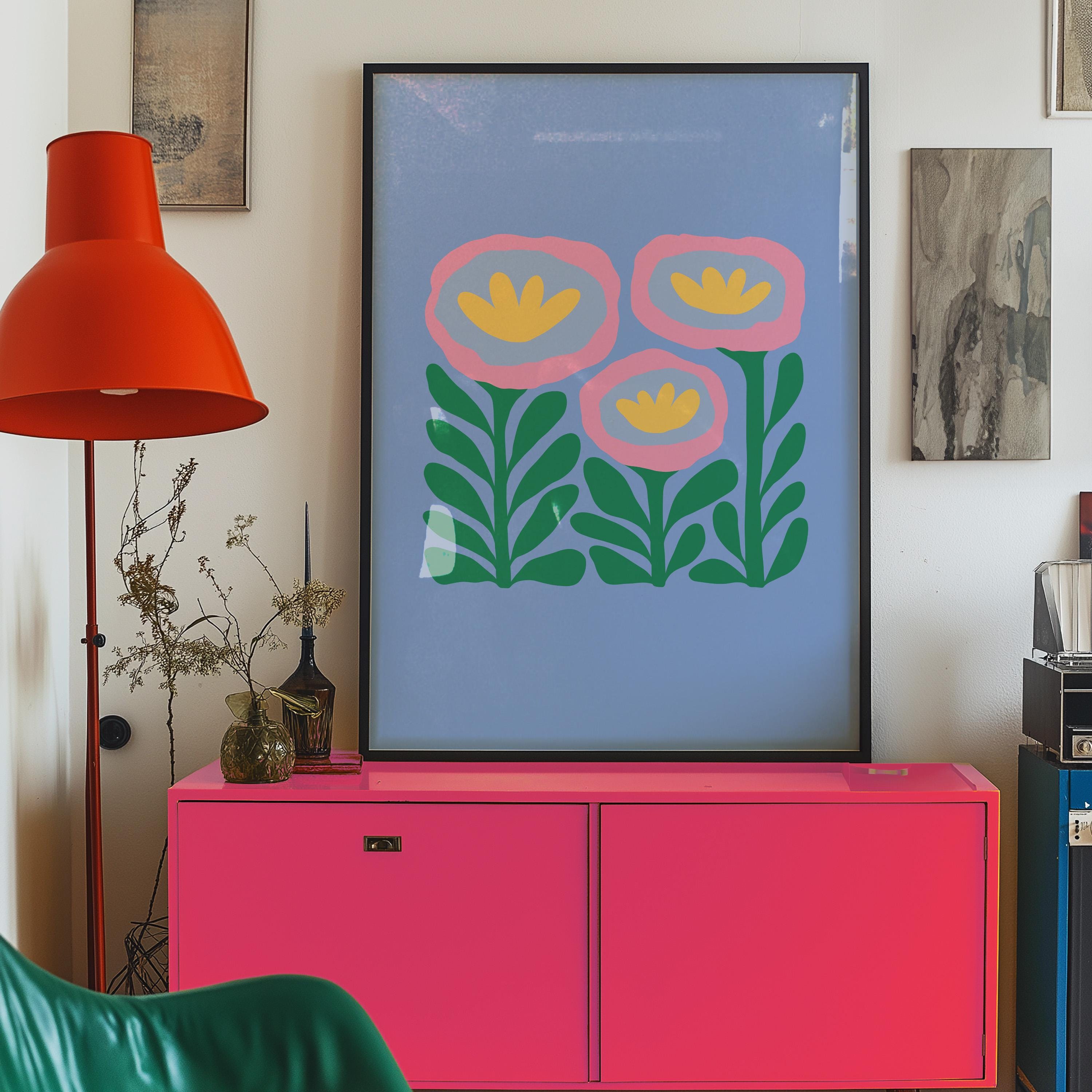 Abstract Flower Poster, Retro Flowers Print, Colourful Abstract Wall Art, Matisse Blue and Pink Flower Print, Boho Flowers Art Print