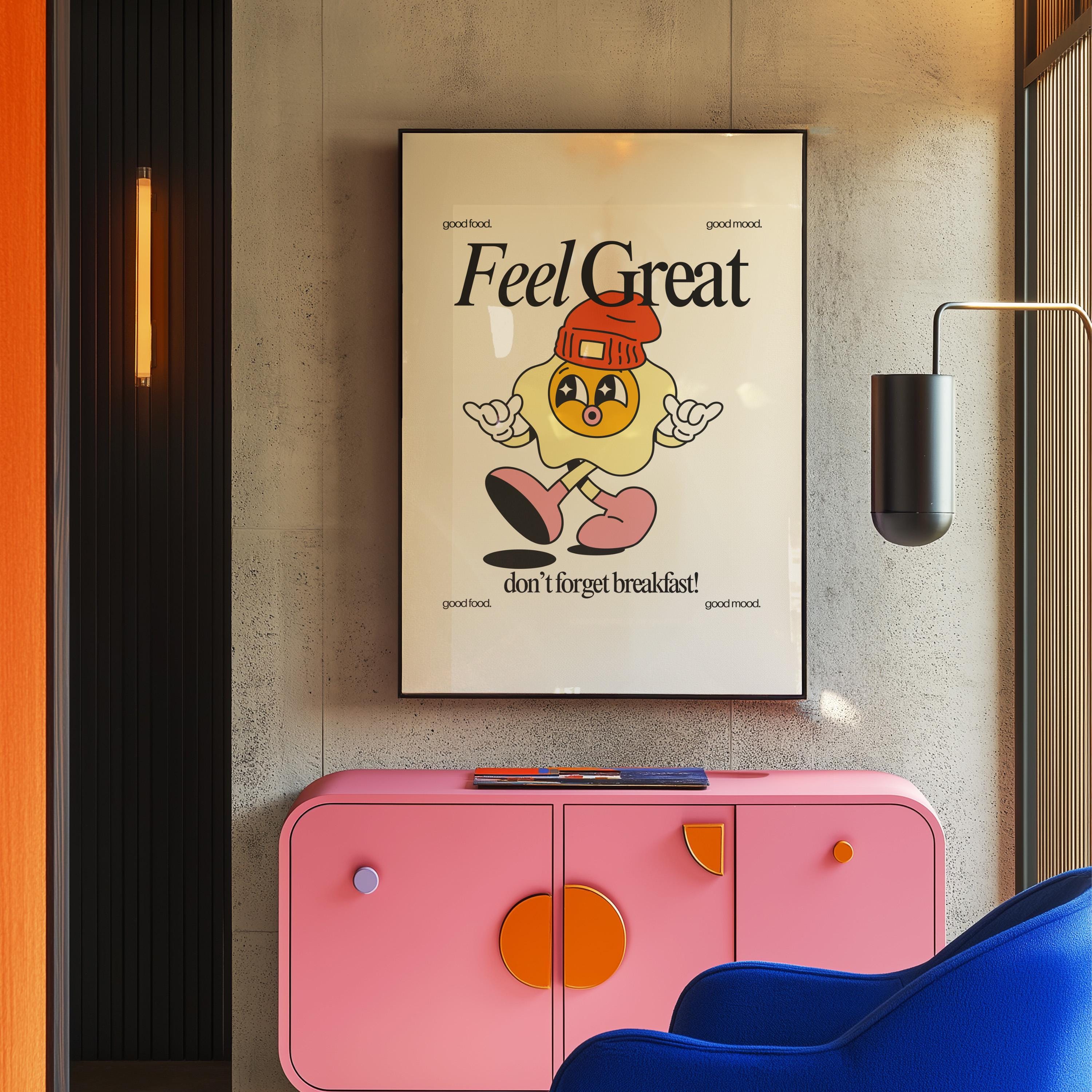 Feel Great Art, Egg Cartoon, Classroom Art, Cute Retro Print, Retro Mascot Print, Groovy Minimal Retro Poster, Be Kind Art, Kindness print
