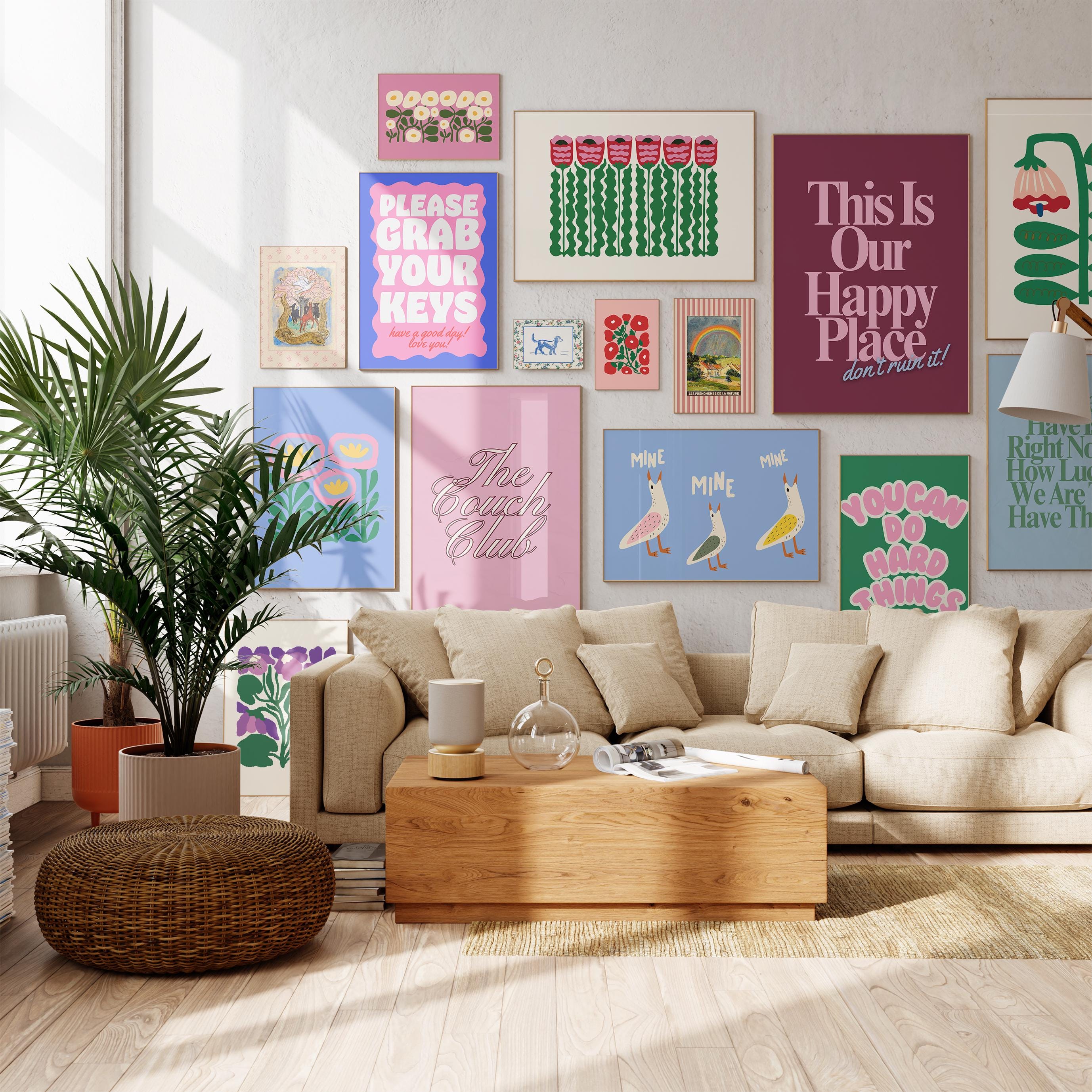 Floral Posters Set of 15, Pink & Blue Apartment Art Prints, Fun Dorm Decor, Digital Download Poster Bundle, Art Gift for Daughter