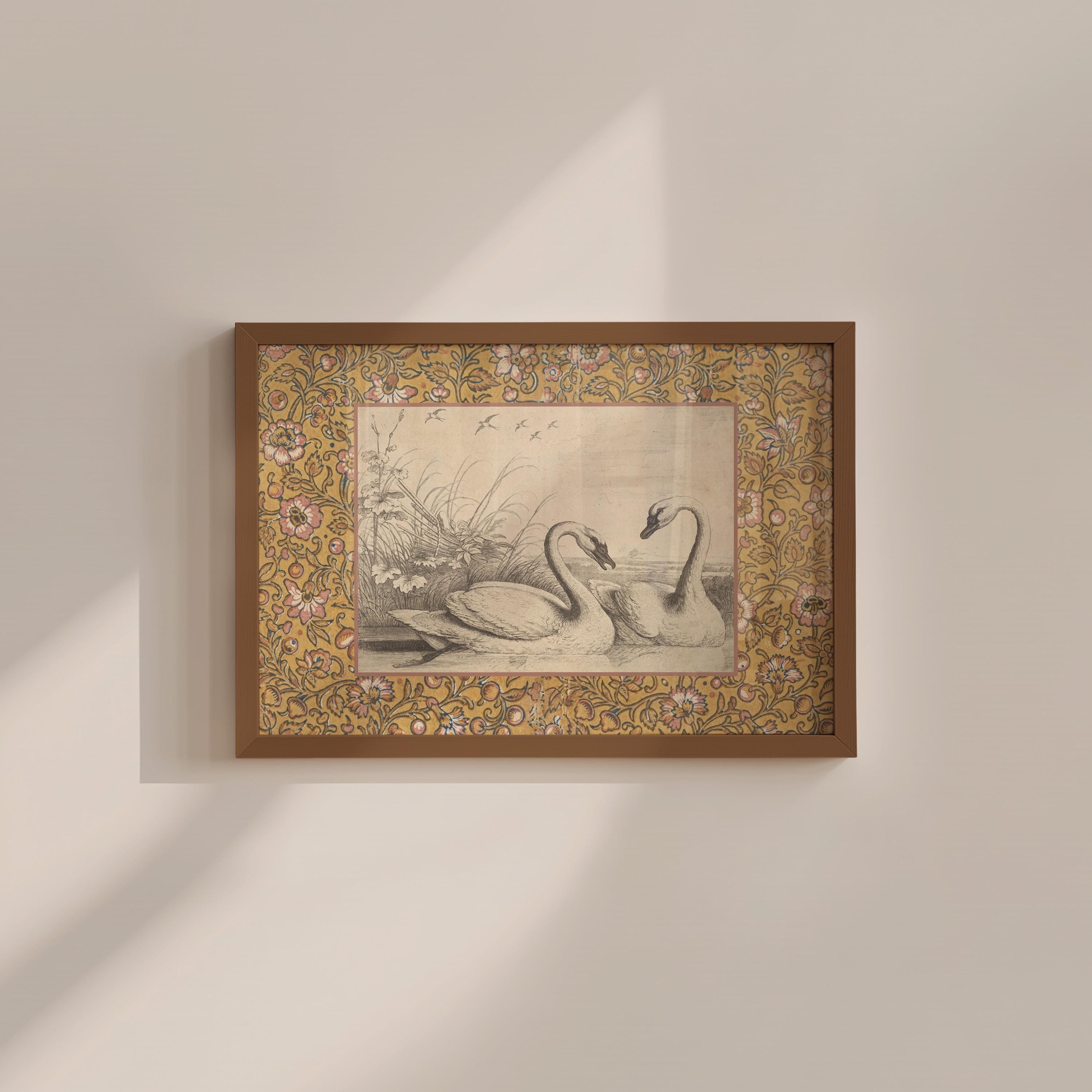 Yellow Toile Swan Vintage Digital Art Print