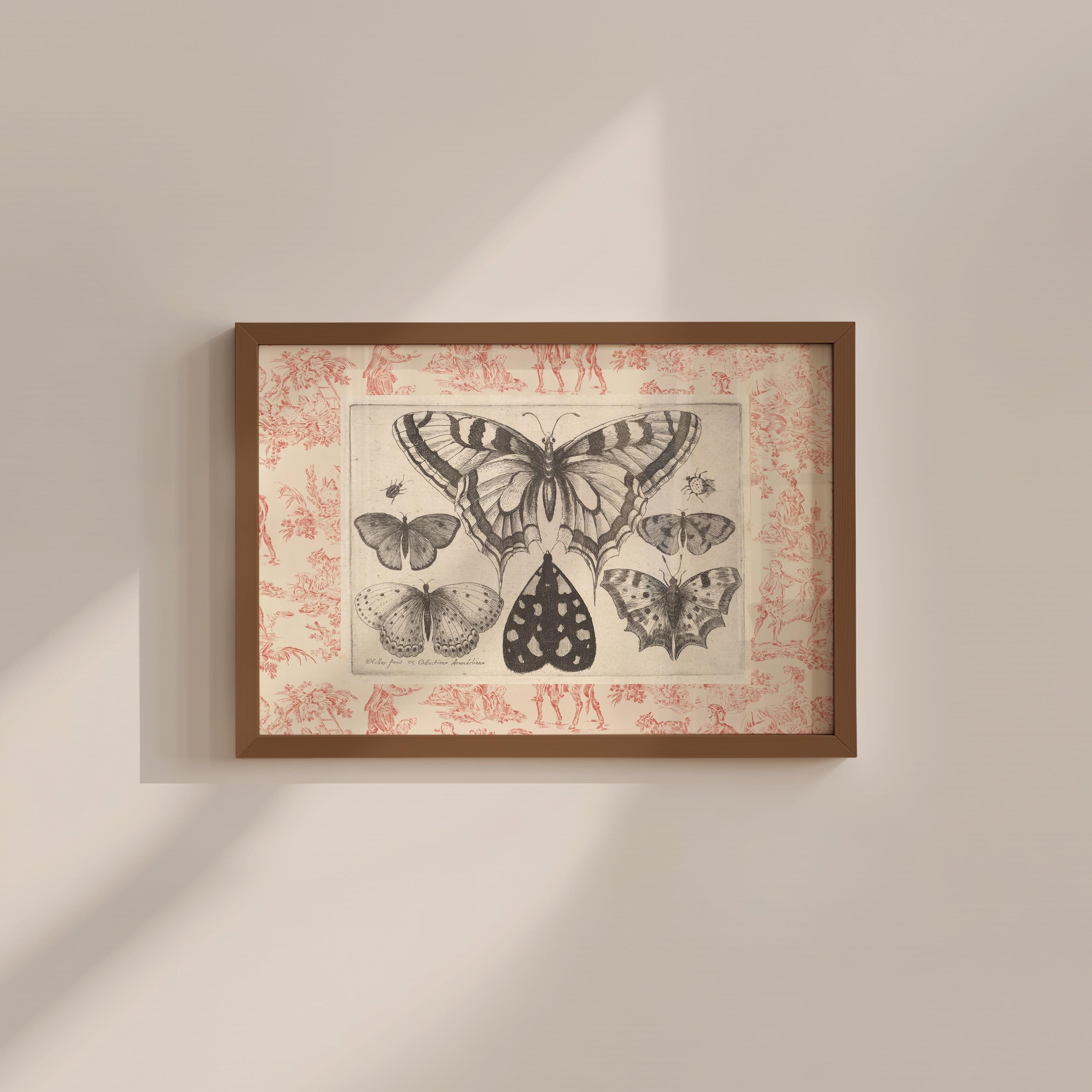 Vintage Pink Toile Butterfly Digital Art Print