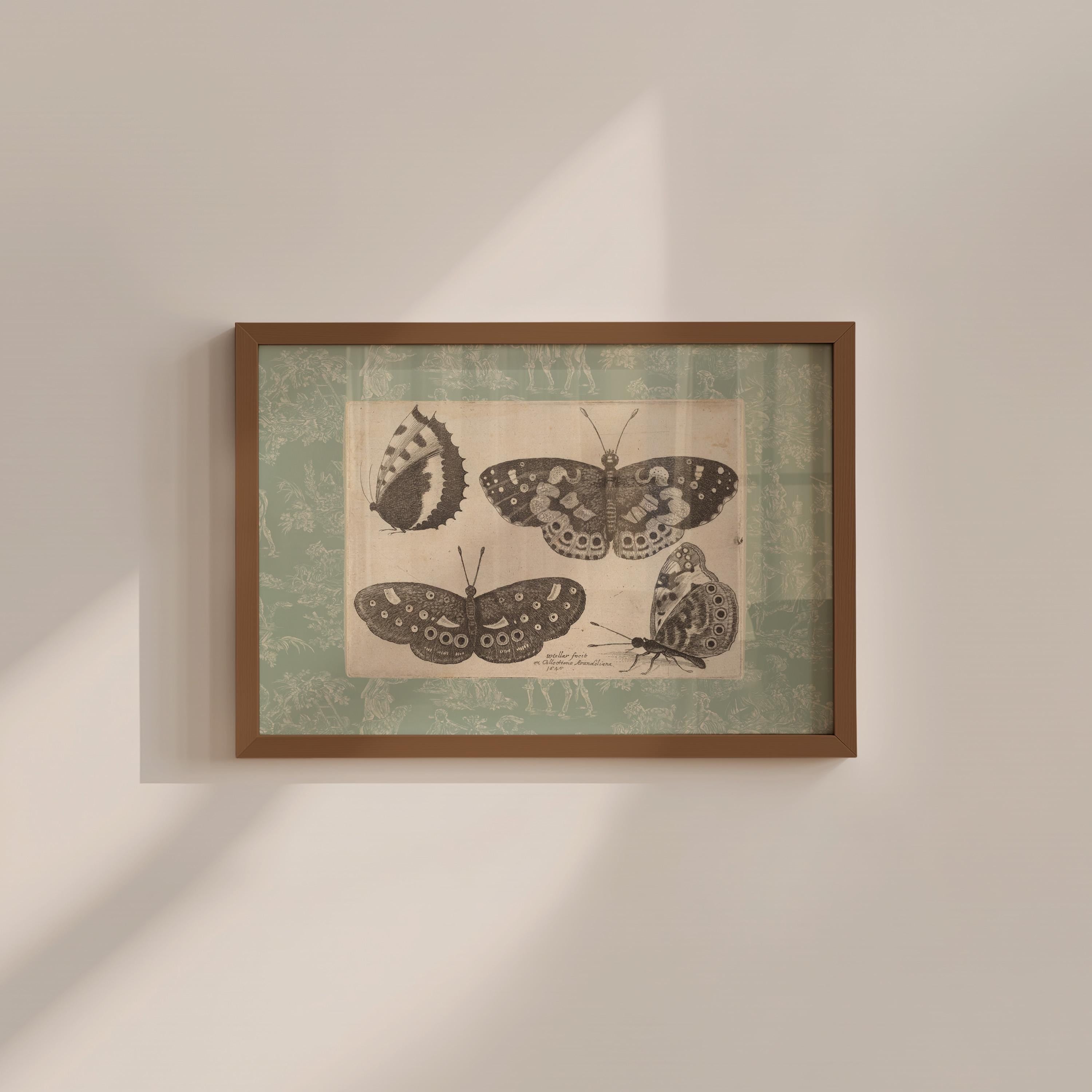Green Toile Butterfly Vintage Digital Art Print