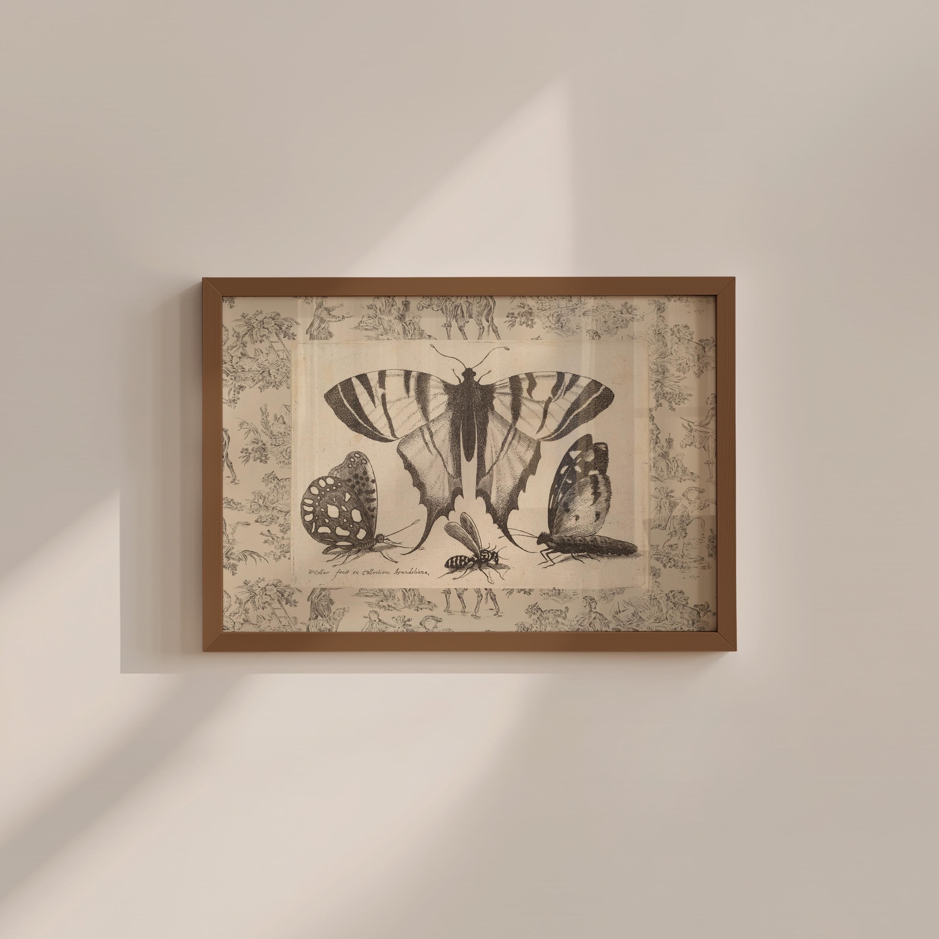 Beige Toile Butterfly Vintage Digital Art Print