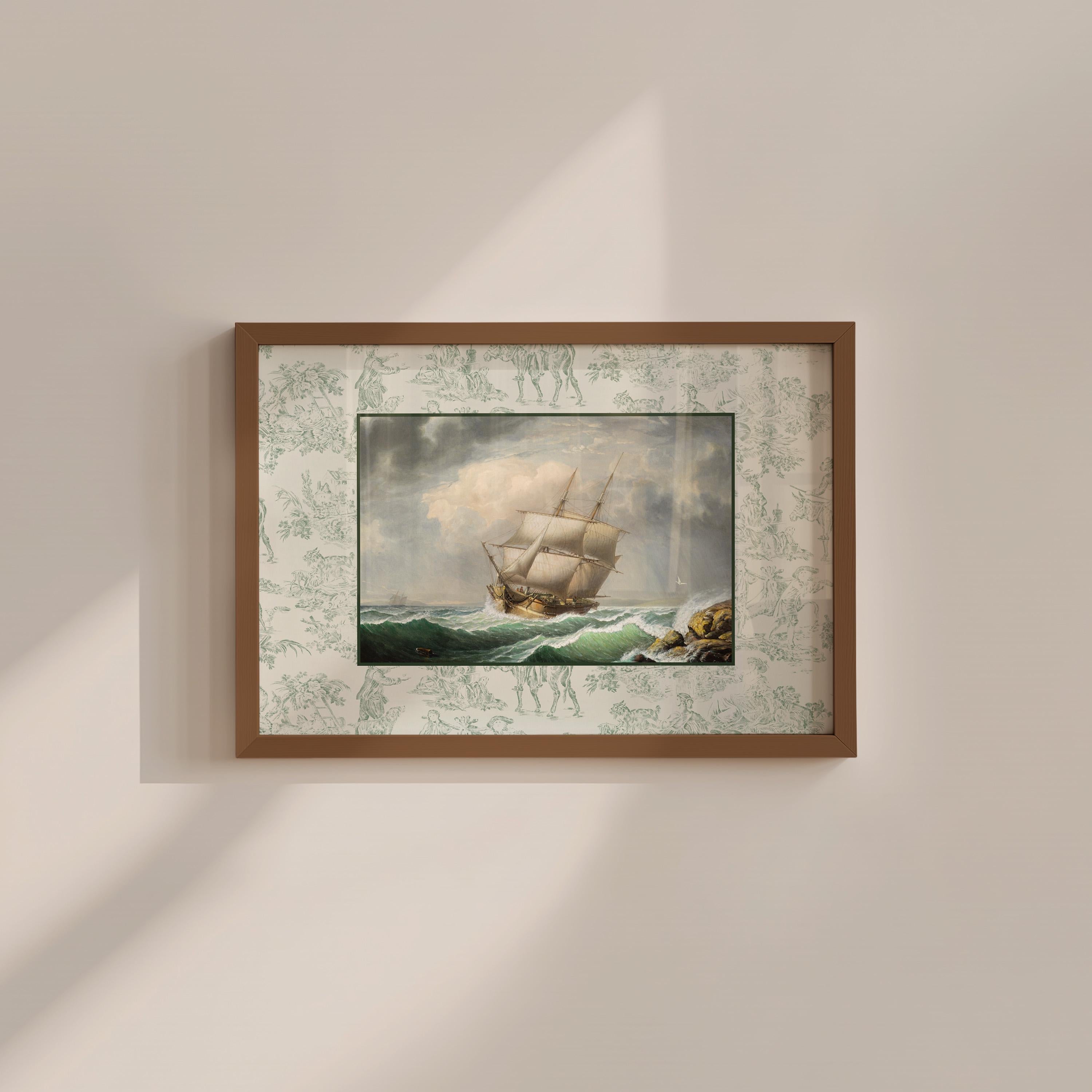 Green Toile Ship Classic Painting Digital Art Print