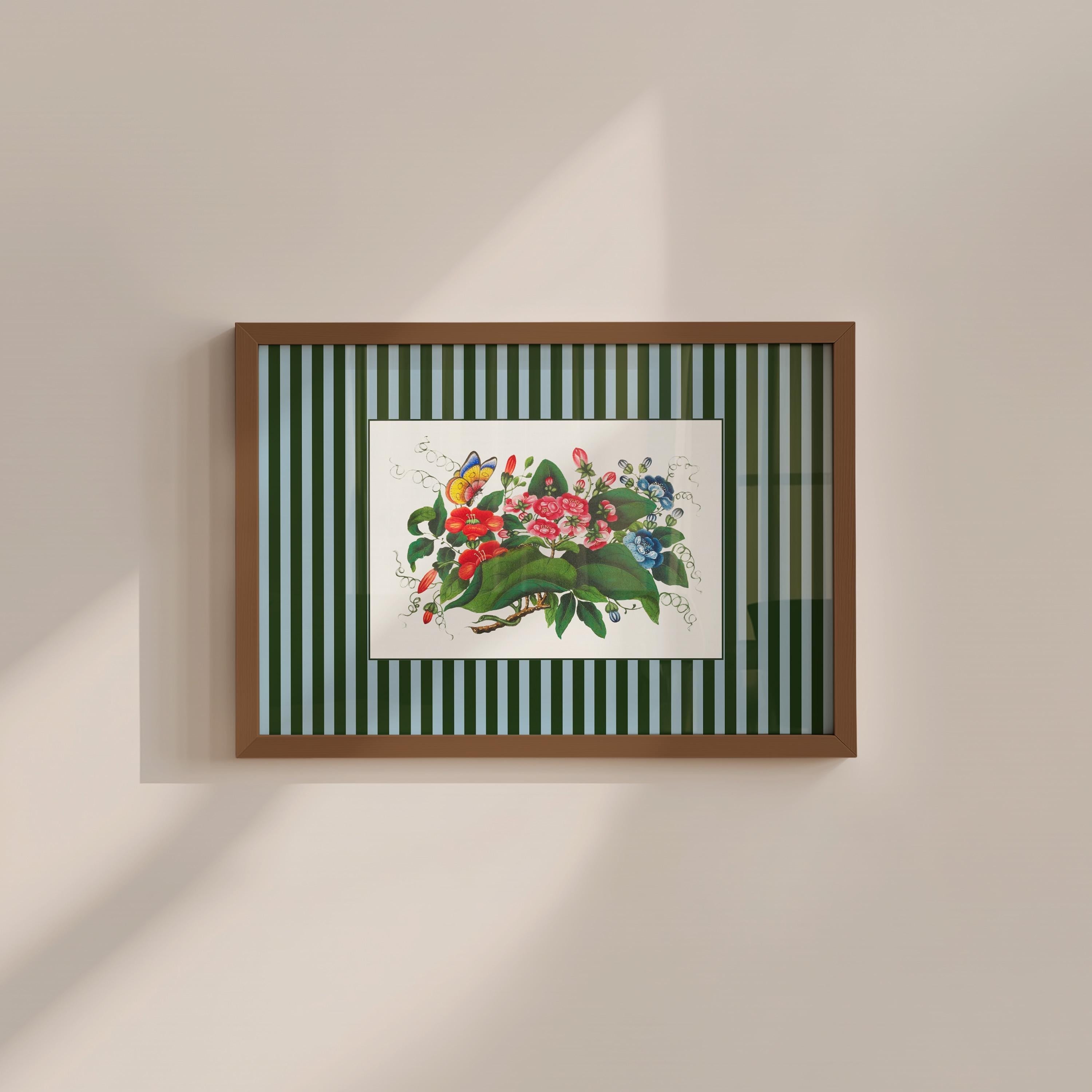 Vintage Green and Blue Striped Floral Digital Art Print
