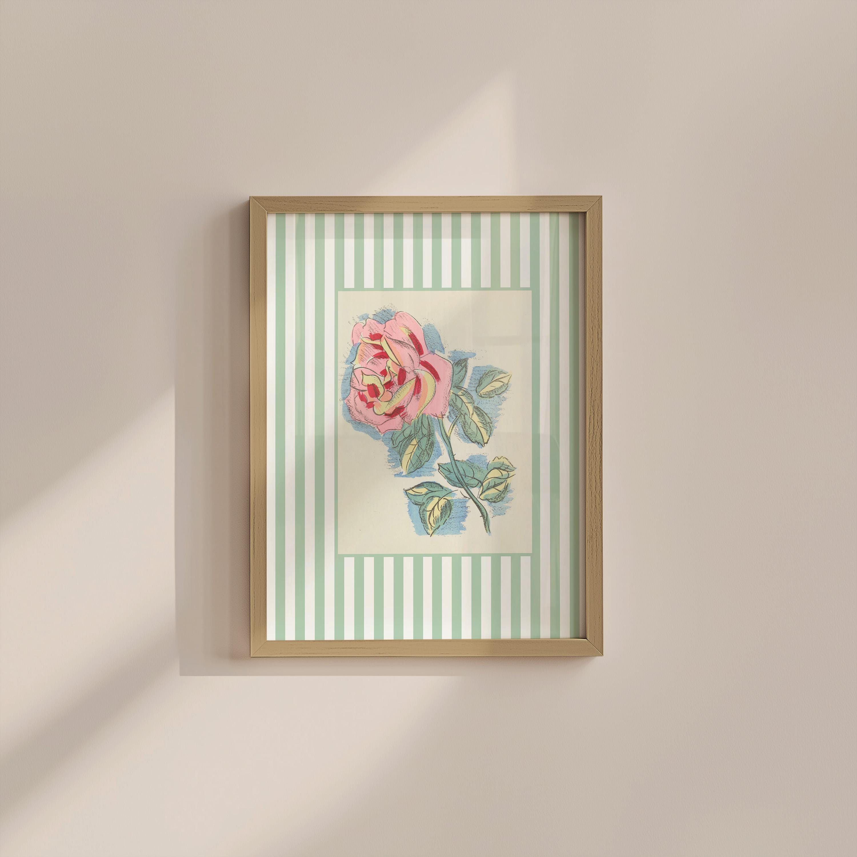 Green Striped Rose Vintage Digital Art Print