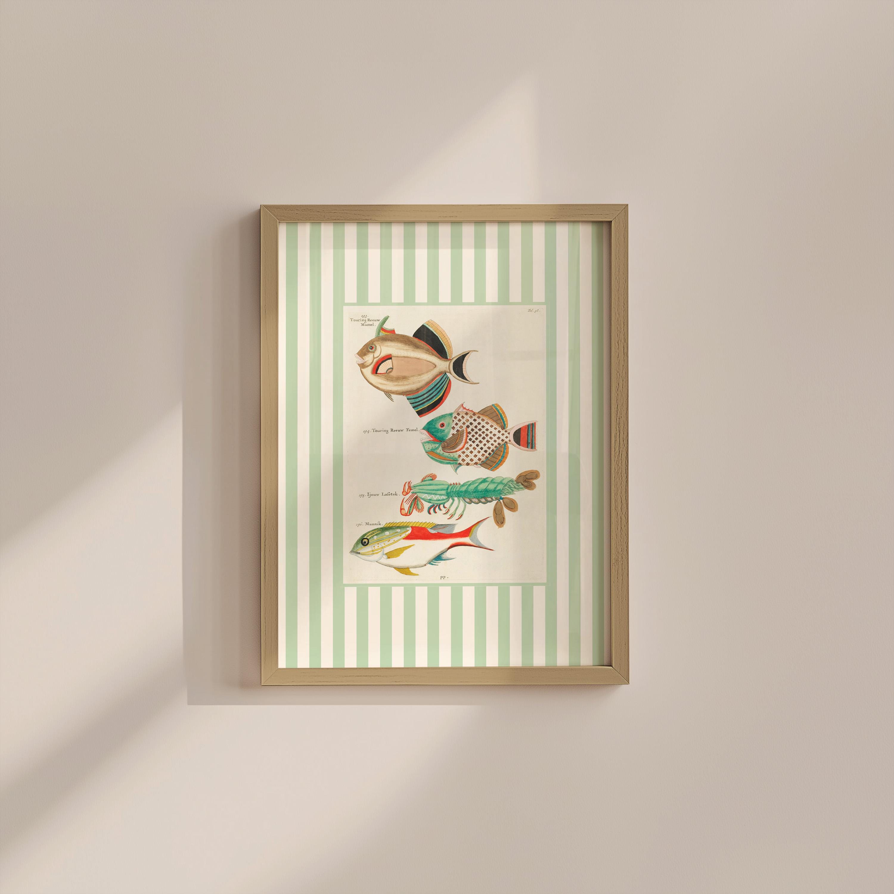 Vintage Fish Striped Digital Art Print