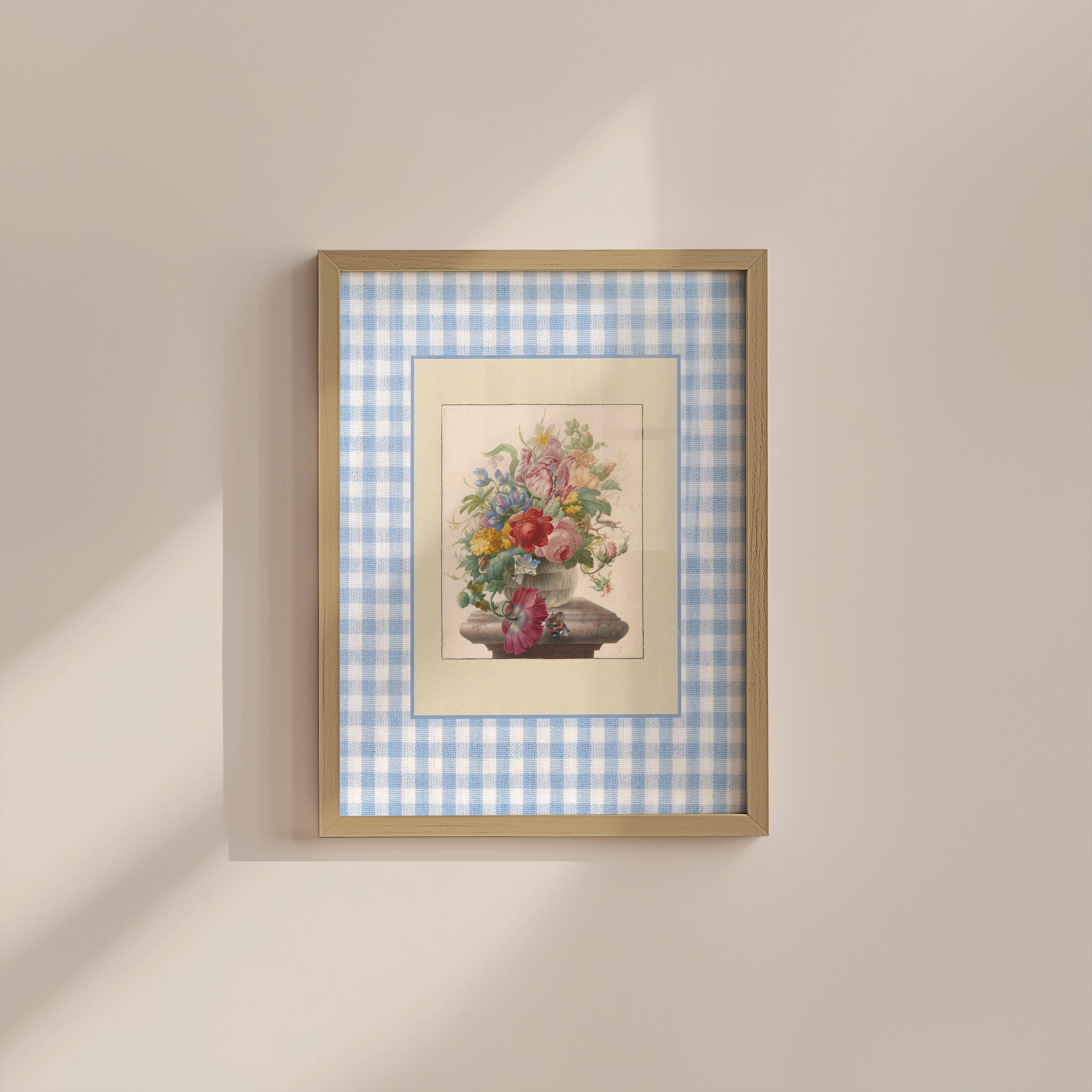 Blue Gingham Bouquet Vintage Digital Art Print