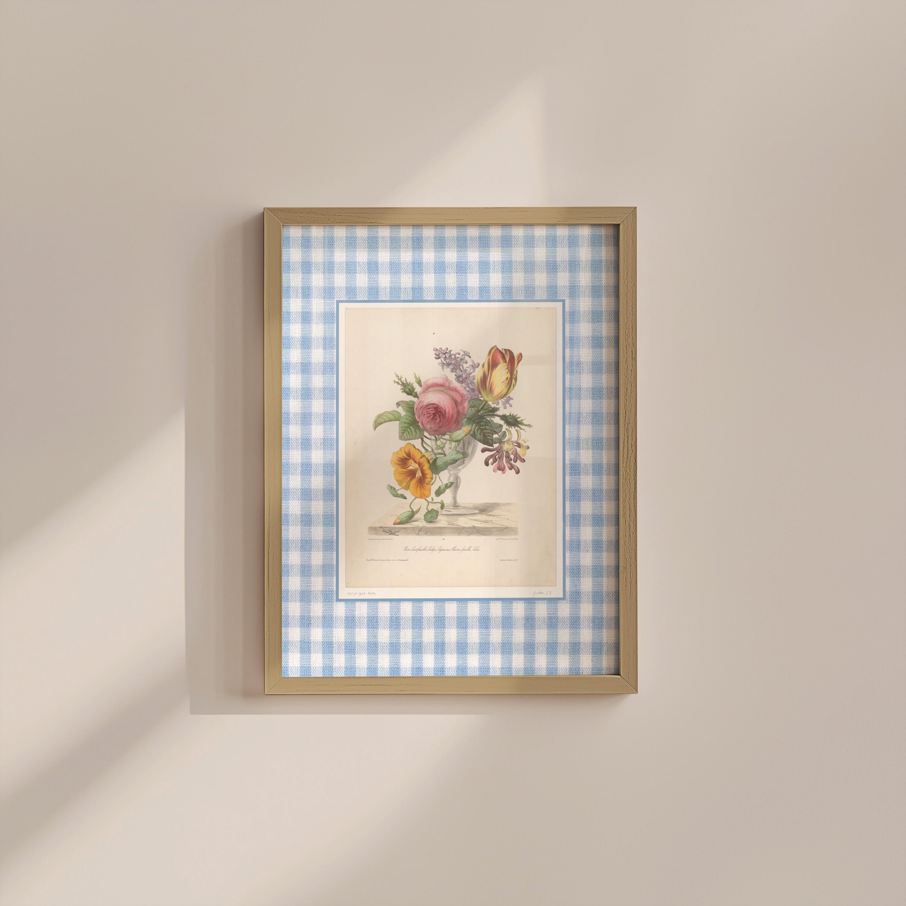 Blue Gingham Bouquet Vintage Digital Art Print
