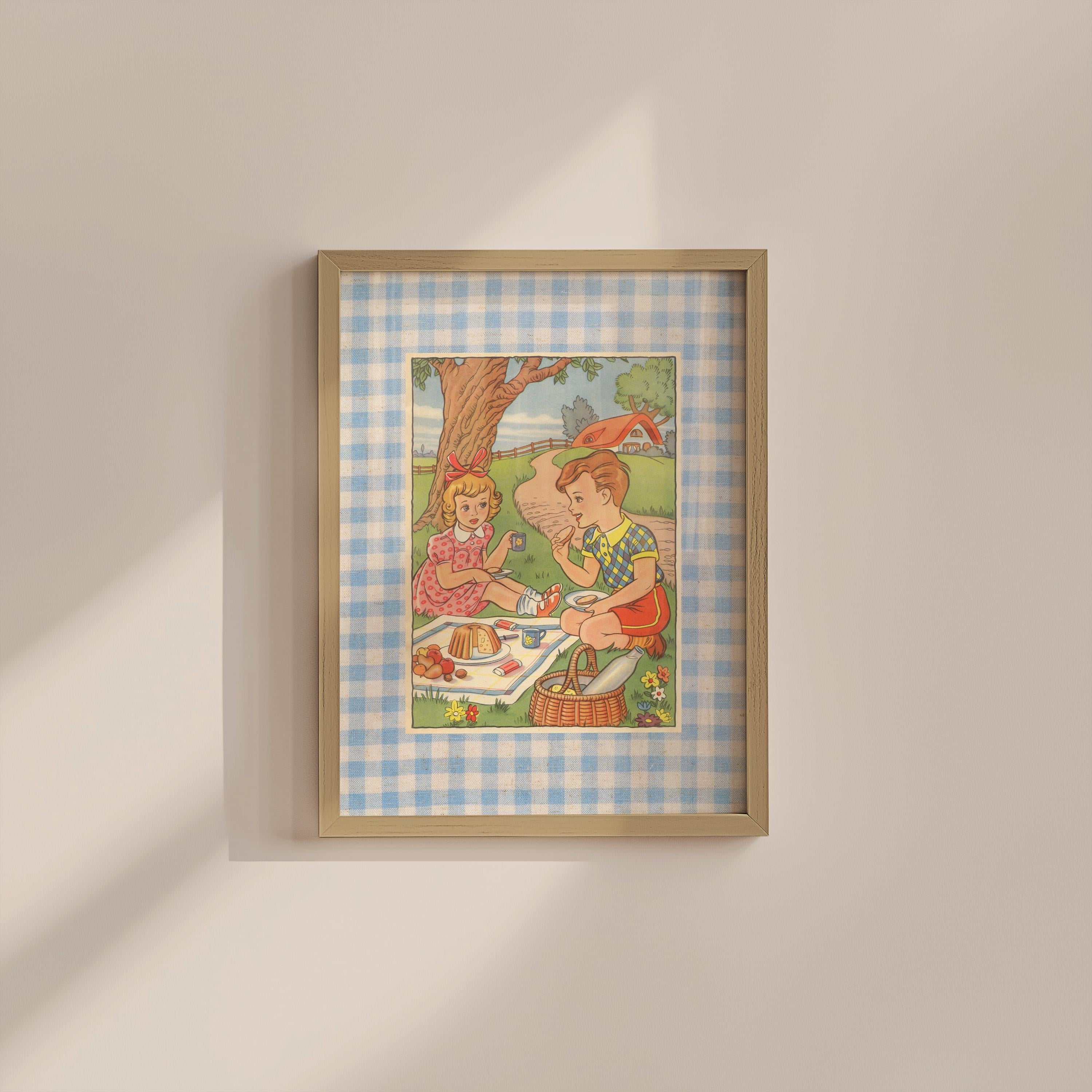 Kids Illustration Picnic Vintage Digital Art Print