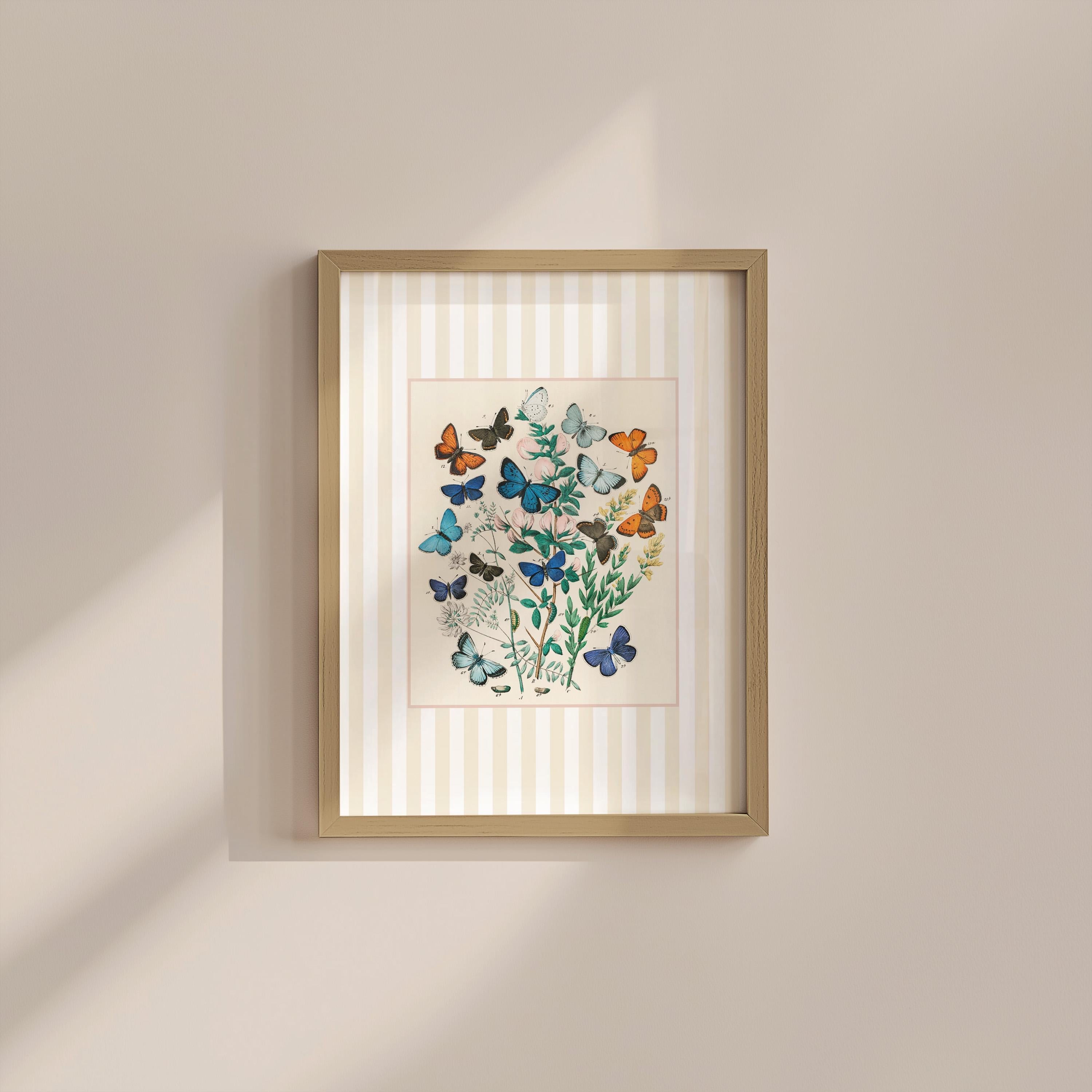Neutral Butterfly Striped Vintage Digital Art Print