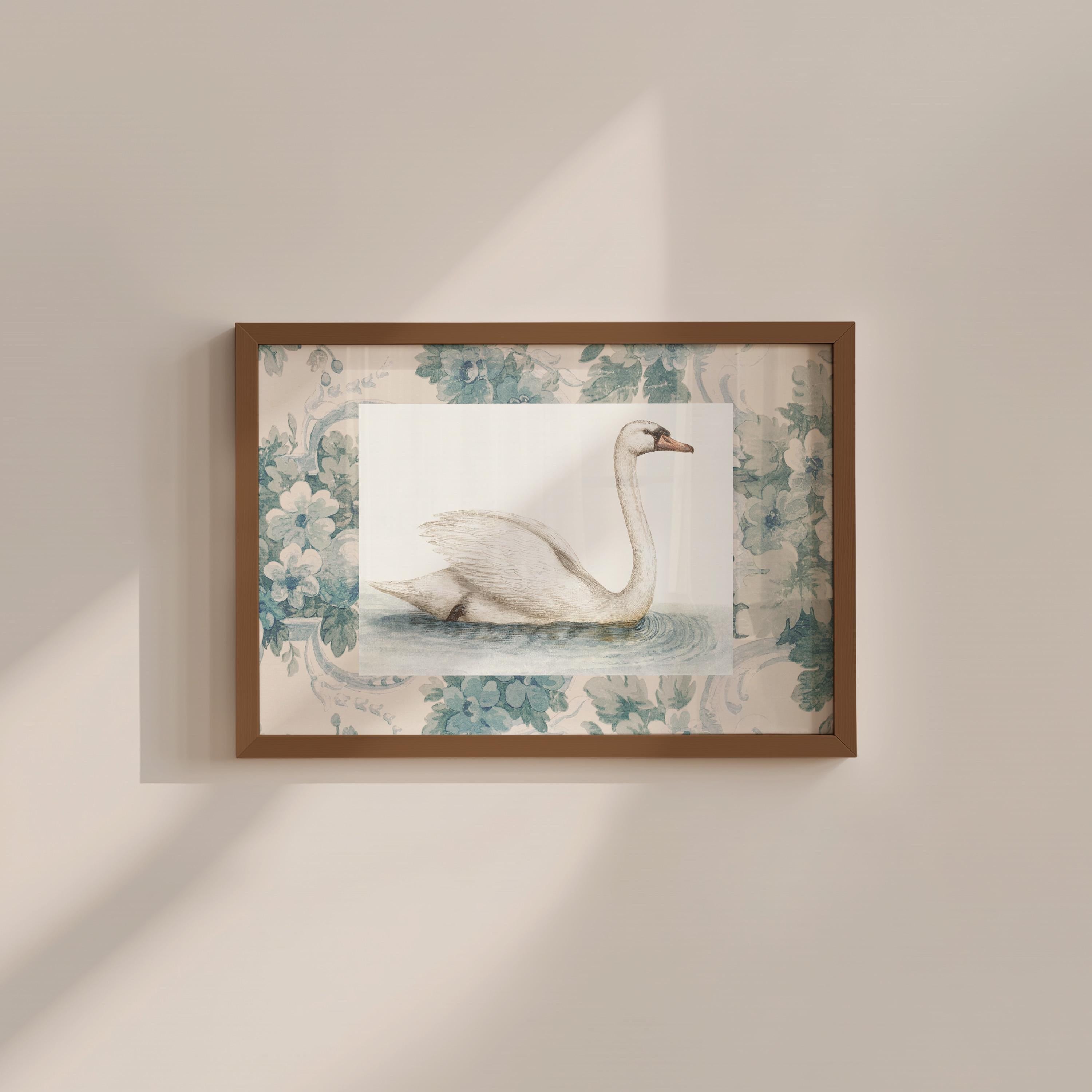 Swan Floral Blue Vintage Digital Art Print