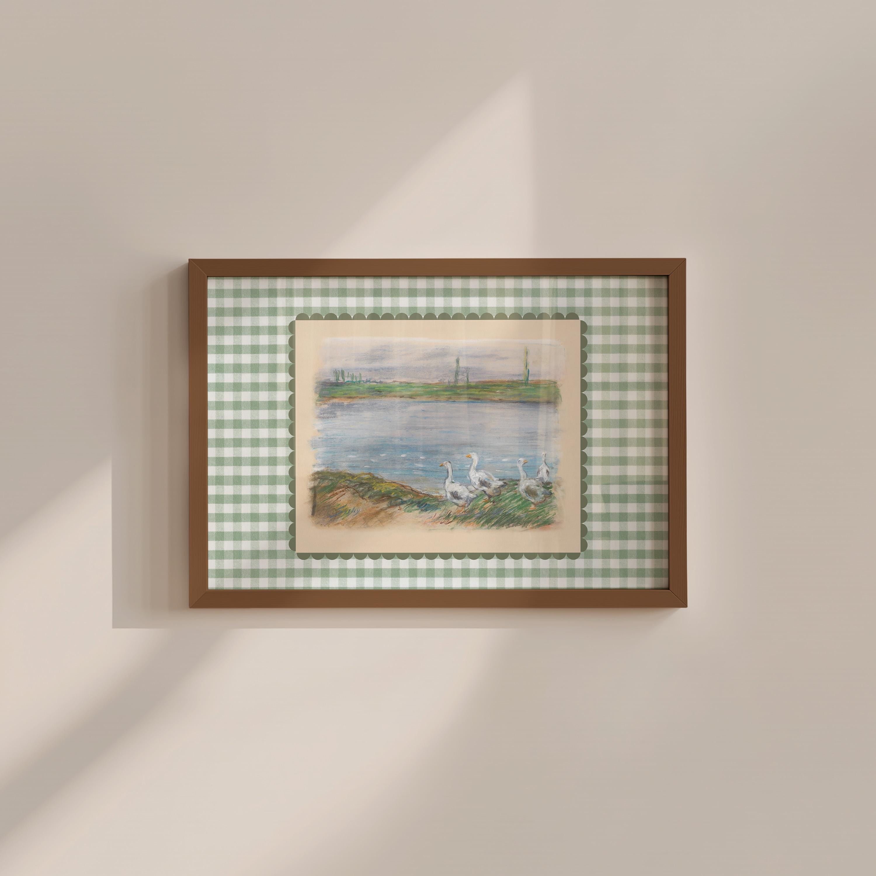 Green Gingham Swans Digital Art Print