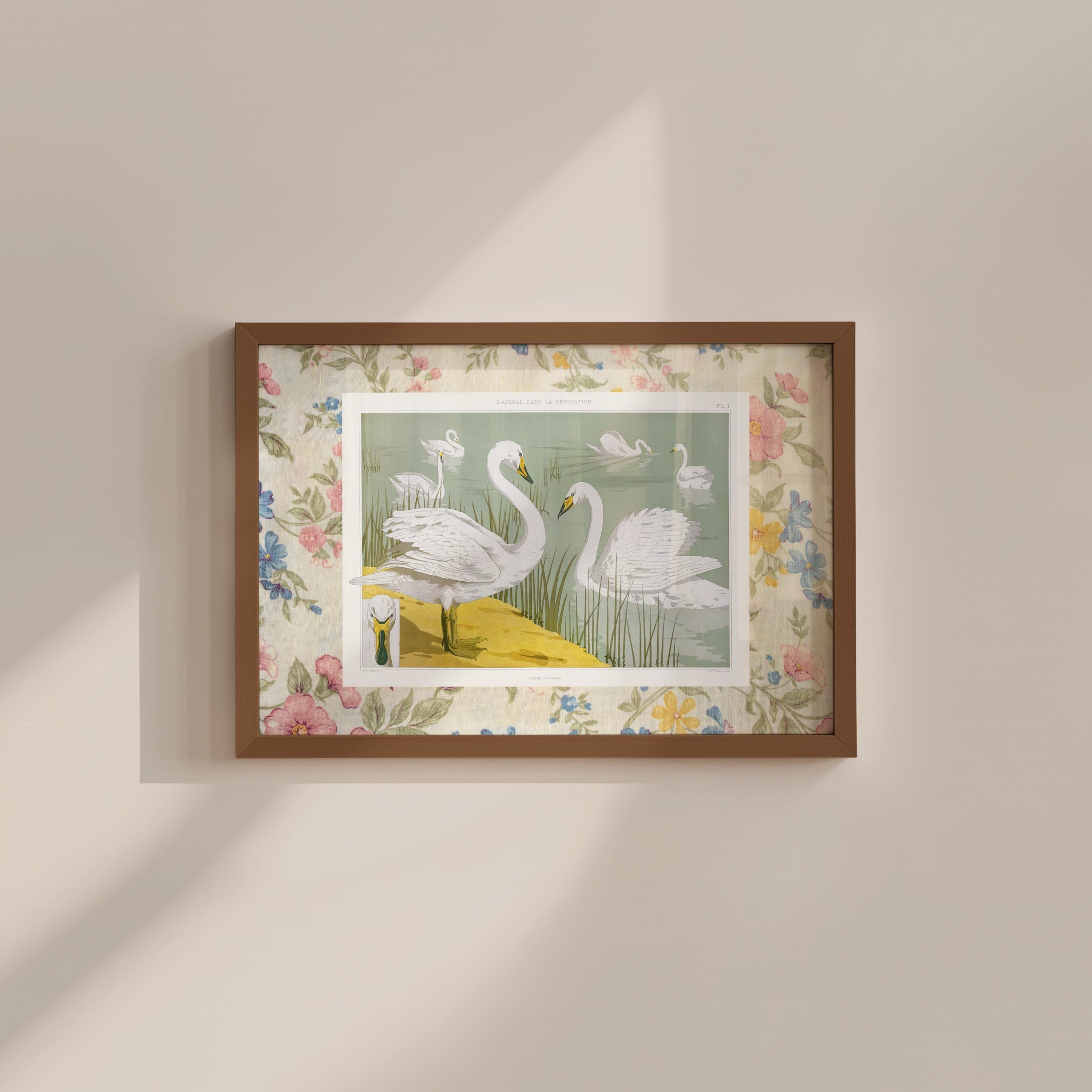 Swans Floral Vintage Digital Art Print