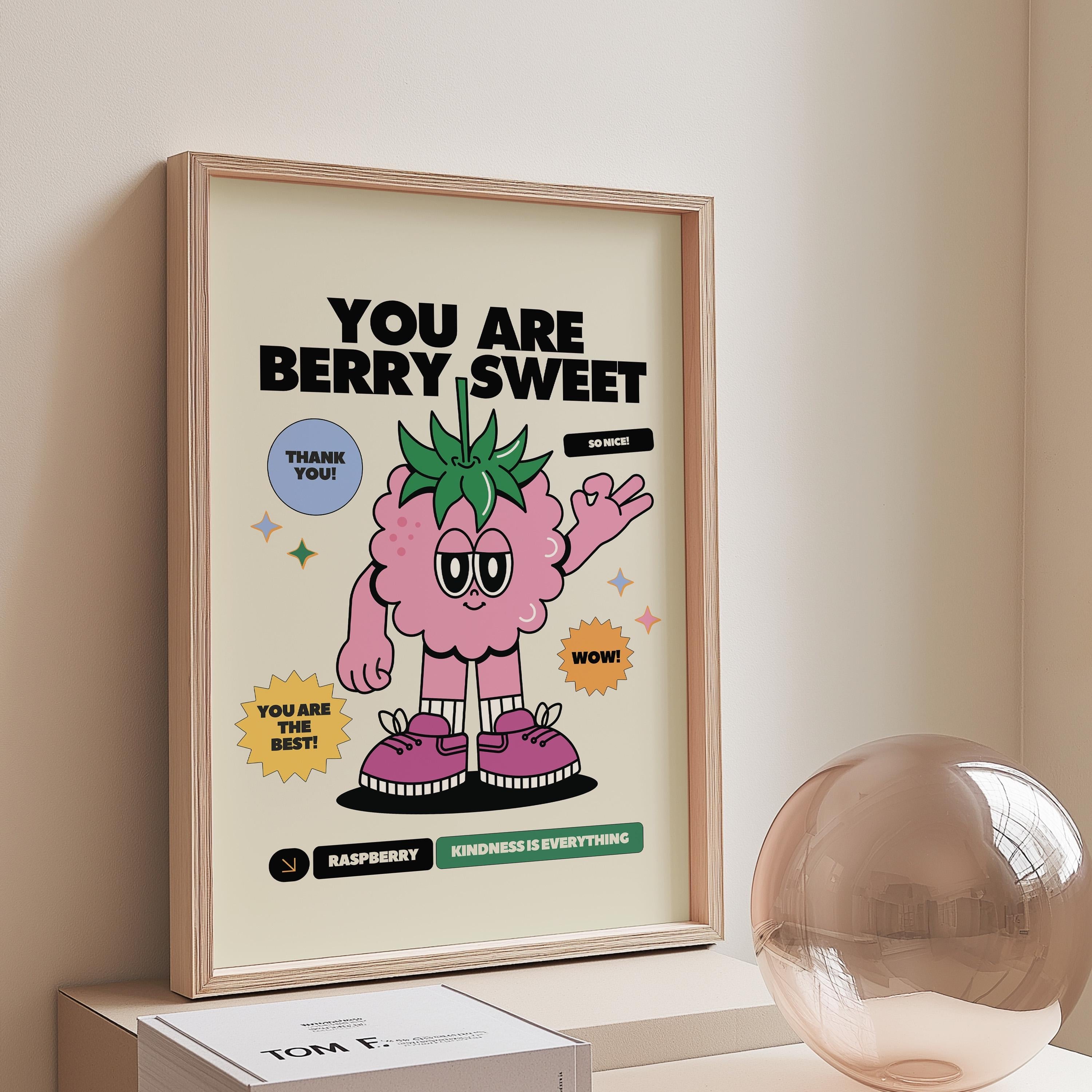 Fruit Retro Cartoon Mascot Print, Fruit Art Poster, Berry Sweet Decor, Classroom art print, retro decor, art print for classroom