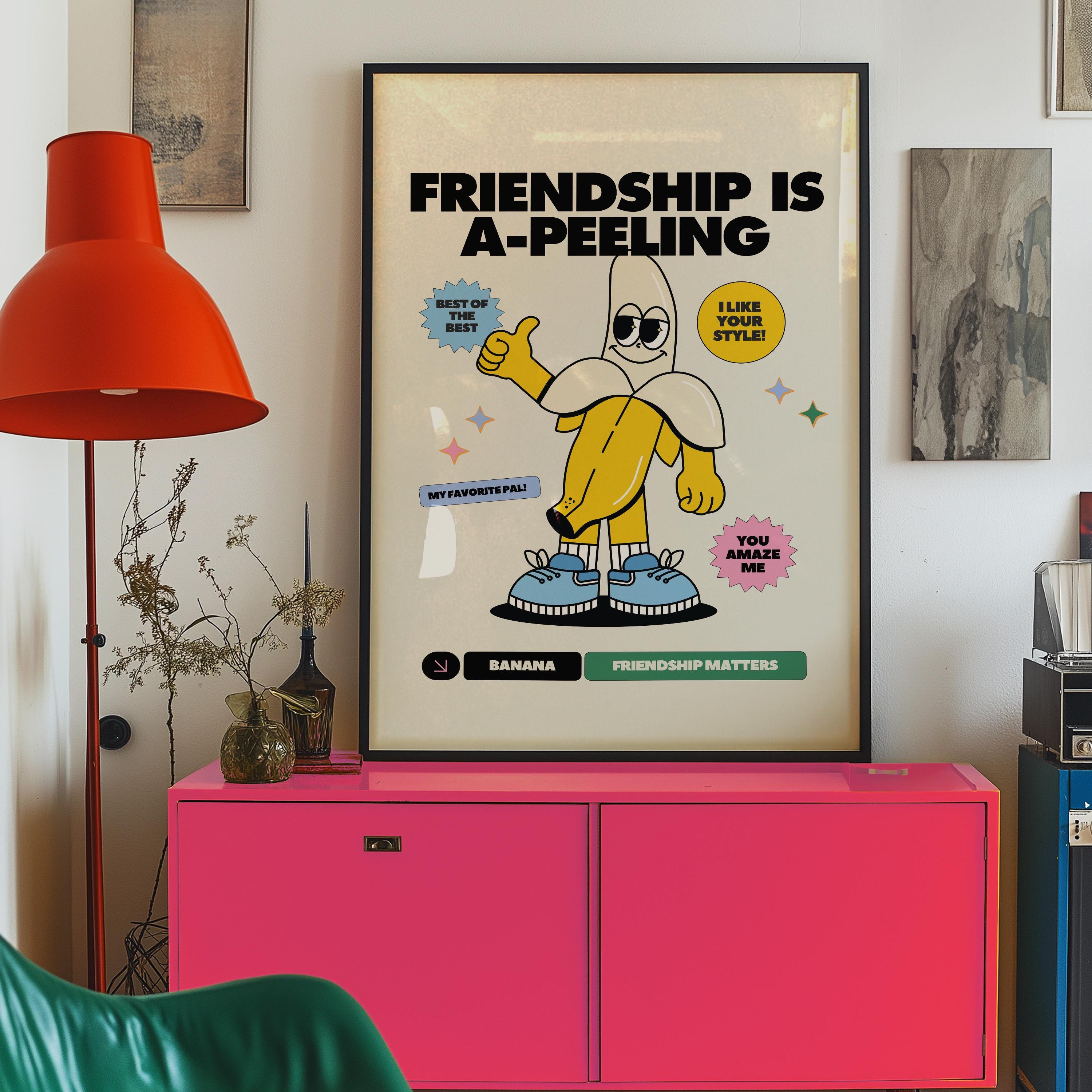 Fruit Retro Cartoon Mascot Print, Fruit Art Poster, Banana Art Decor, Classroom art print, retro decor, art print for kitchen
