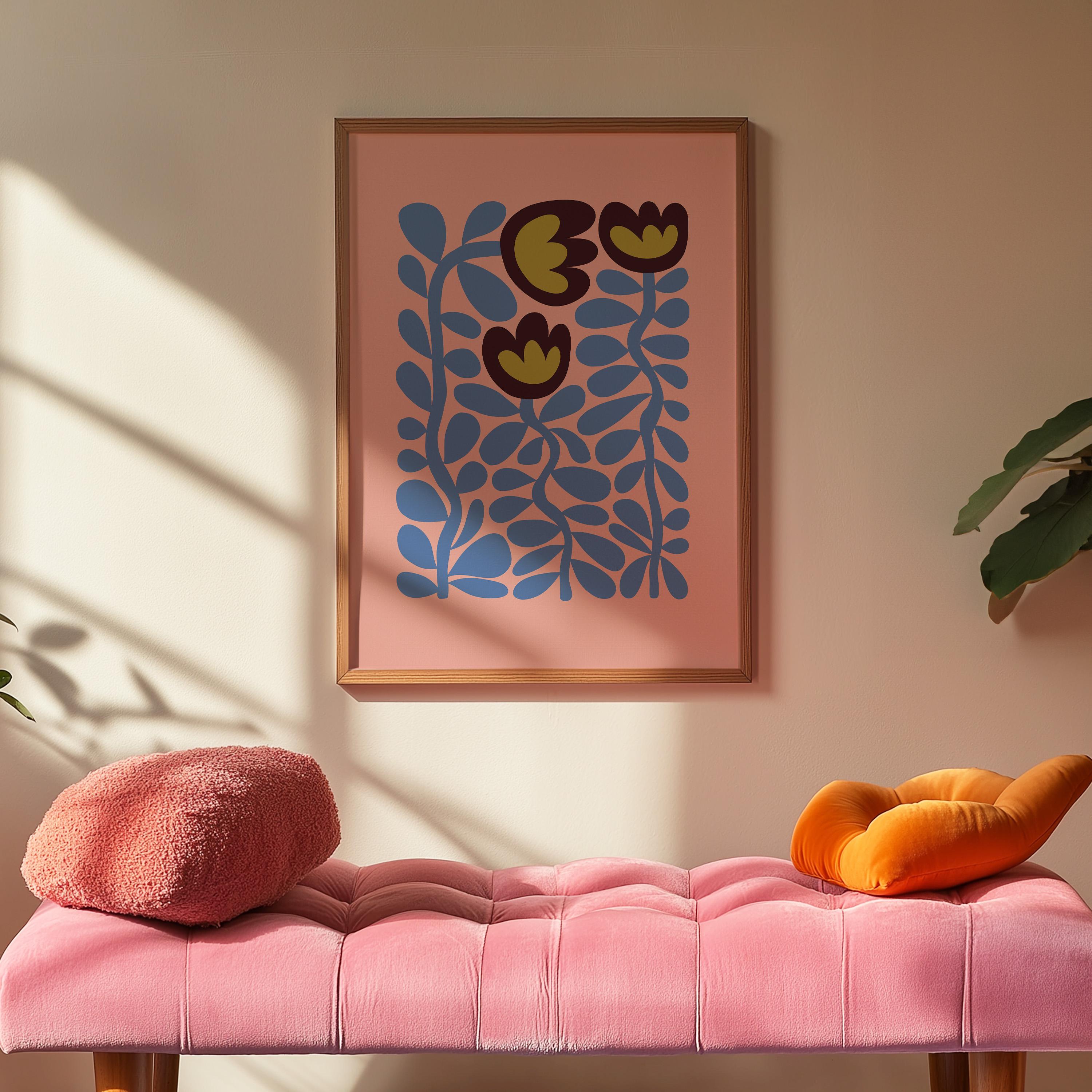 abstract floral art, pink flower posters, digital download, blue floral art print, 70s style floral art, Maximalist Art, groovy flower