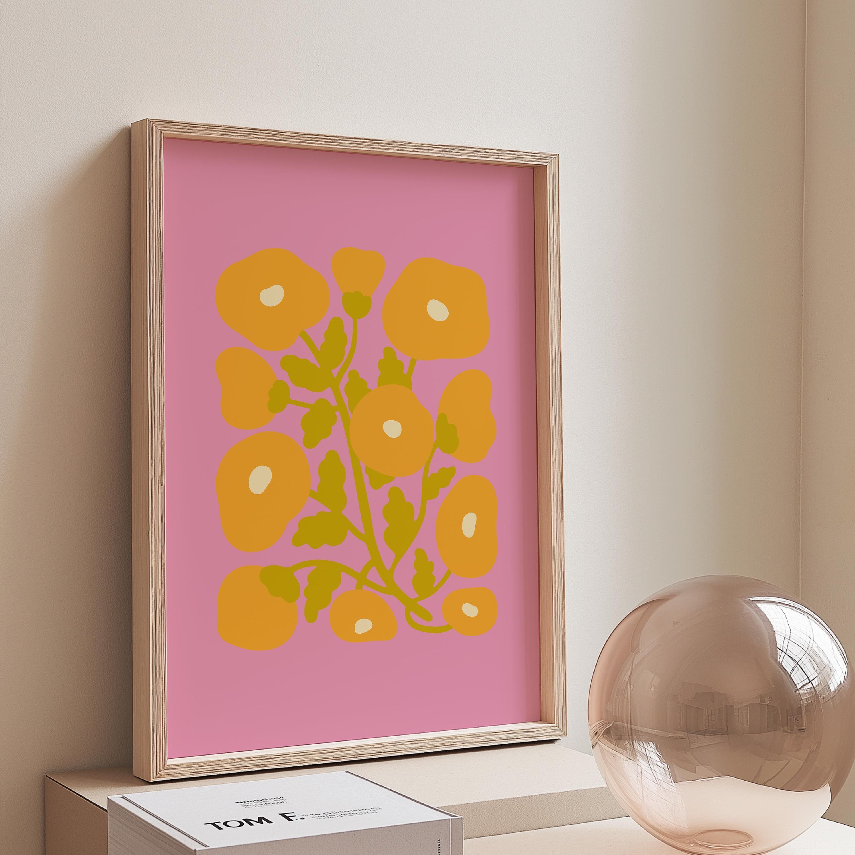 Abstract Pink Flowers Print, Living Room Wall Art, Colorful Botanical, Modern Prints, Bold Pink Green Poster, Bright Flower Decor