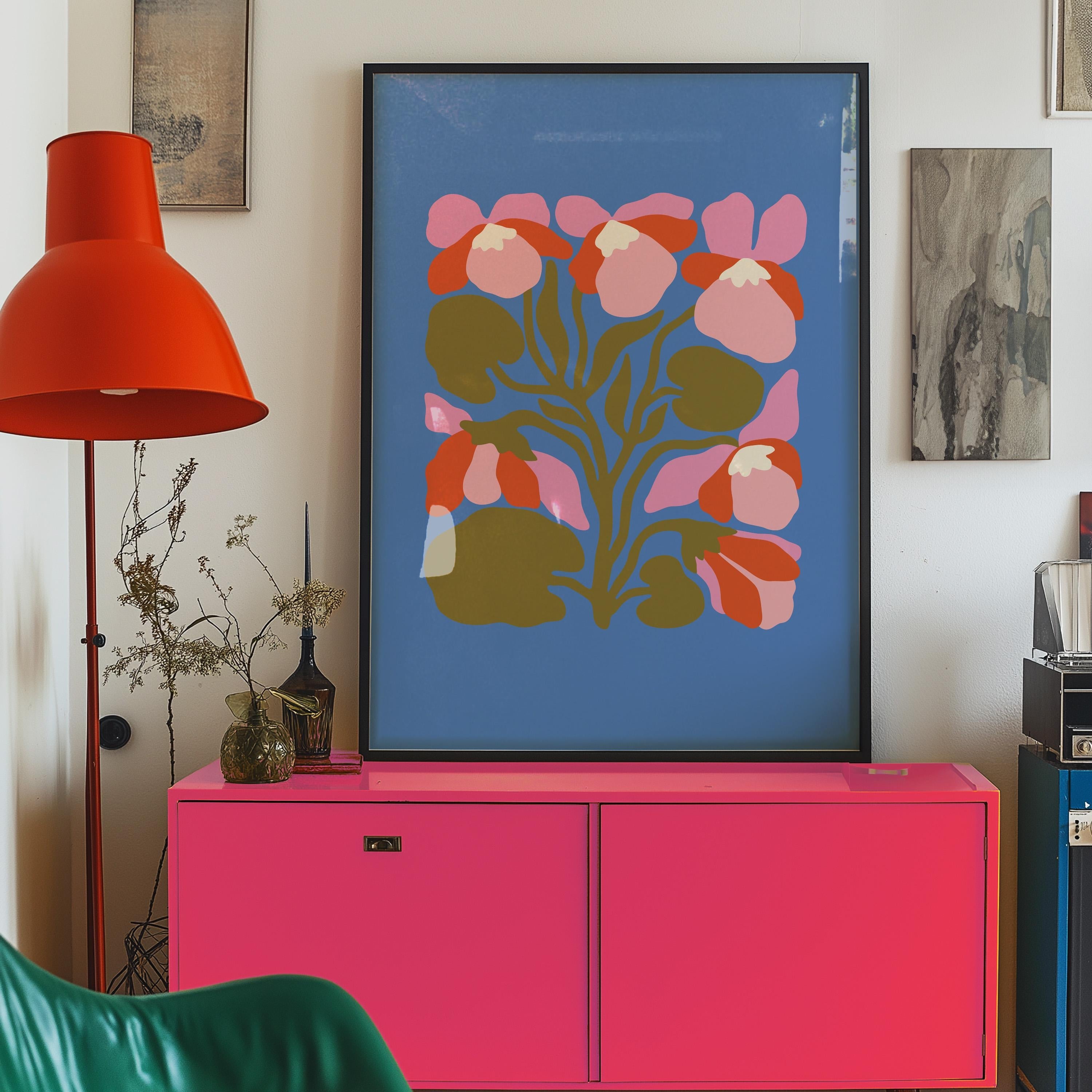 Colorful Poppies Printable Art Maximalist Floral Decor Retro Botanical Print Pink & Green Wall Art Abstract Flower Poster Digital Download