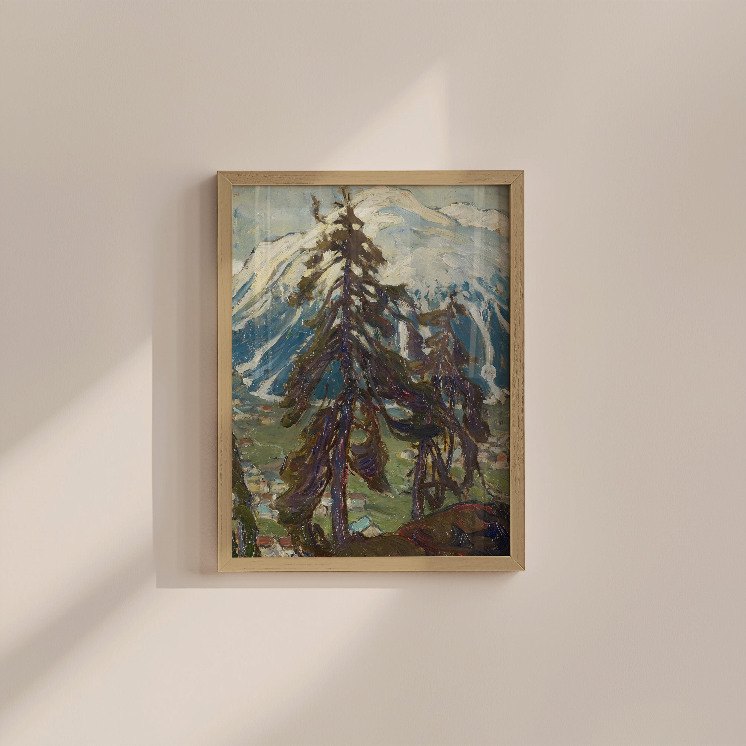 Vintage Landscape Oil Painting Digital Download, Farmhouse Wall Decor, Classic Rustic Home Decor Printable Artwork, Pine Trees, Winter Scene
