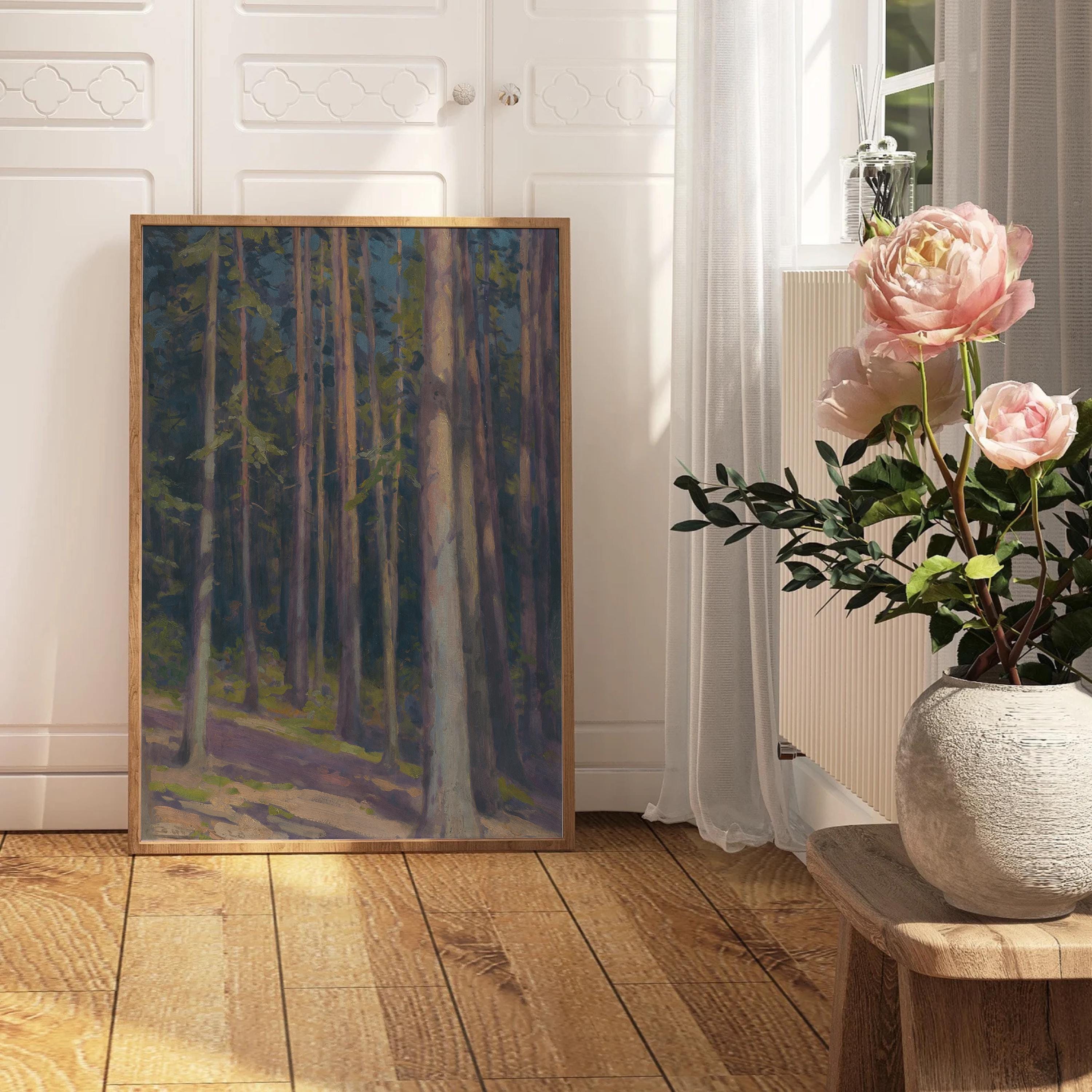 Vintage Landscape Oil Painting Digital Download, Farmhouse Wall Decor, Classic Rustic Home Decor Printable Artwork, Fir Trees, Forest Scene