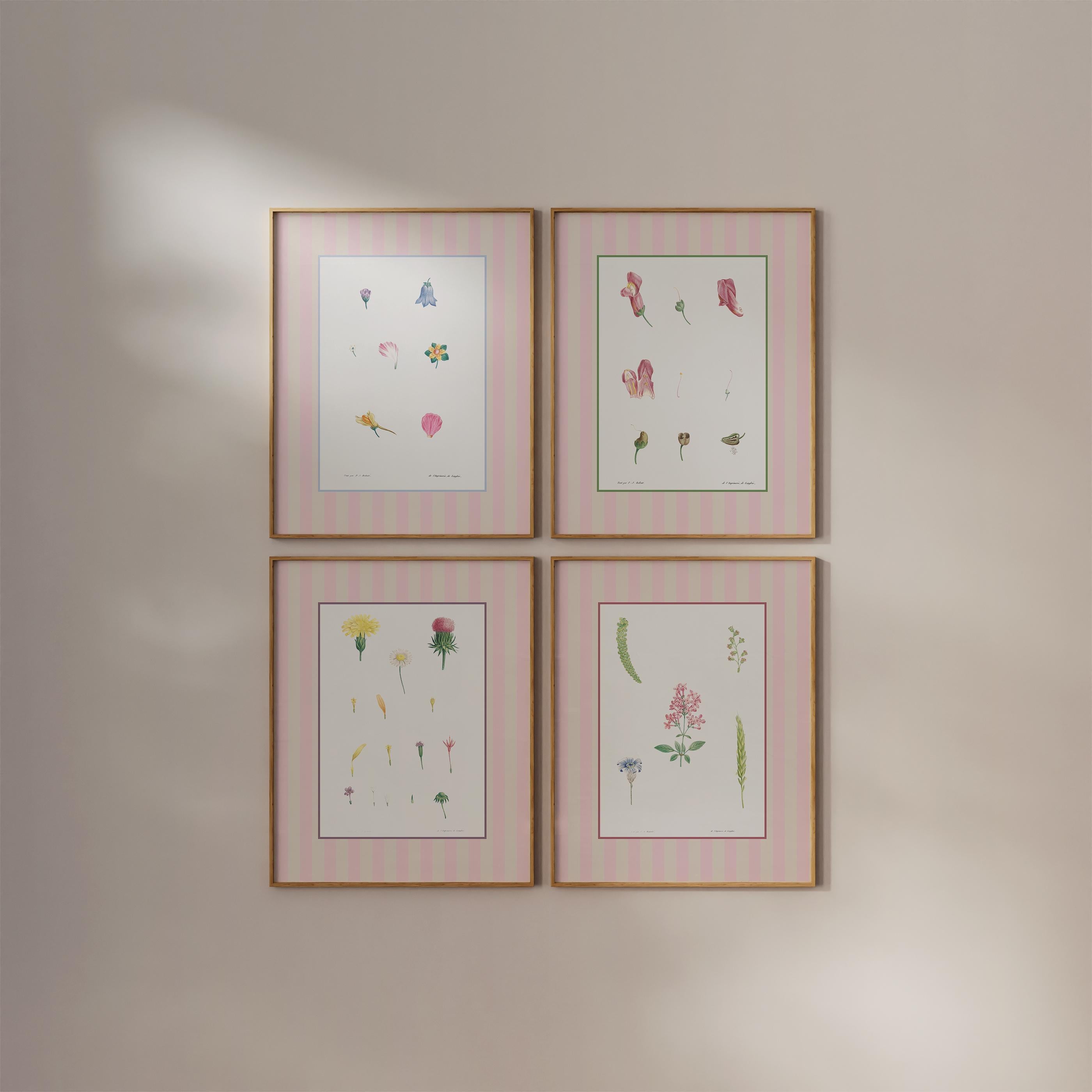 Bundle of 4 Retro Vintage Prints, Floral Decor, Digital Download, Striped Art Print, Cottagecore Art, Vintage Aesthetic, Flower Decor