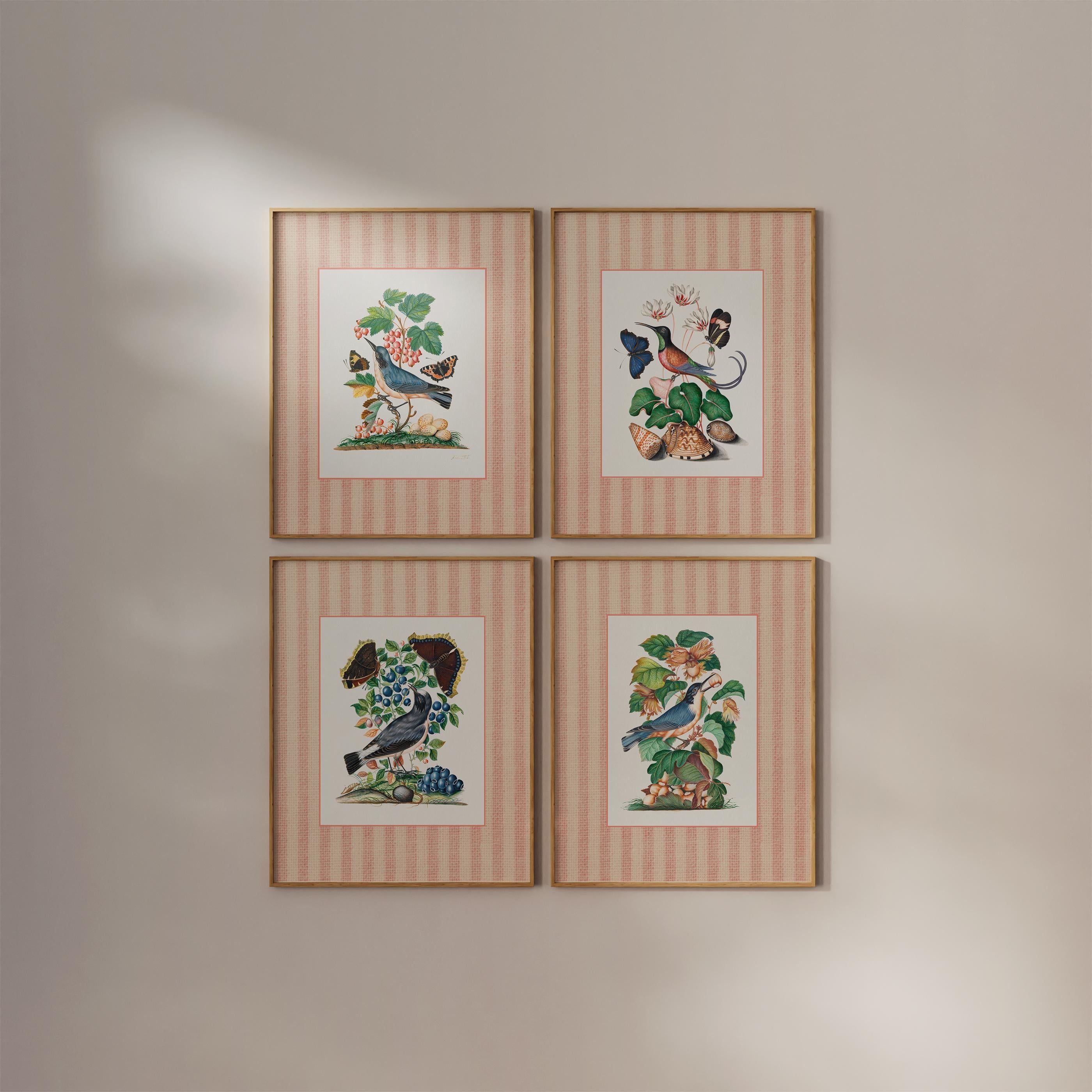 Gallery wall set of 4 Retro Vintage Prints, Countryside Decor, Digital Download, Striped Art, Cottagecore Art, Vintage Aesthetic, Bird Decor